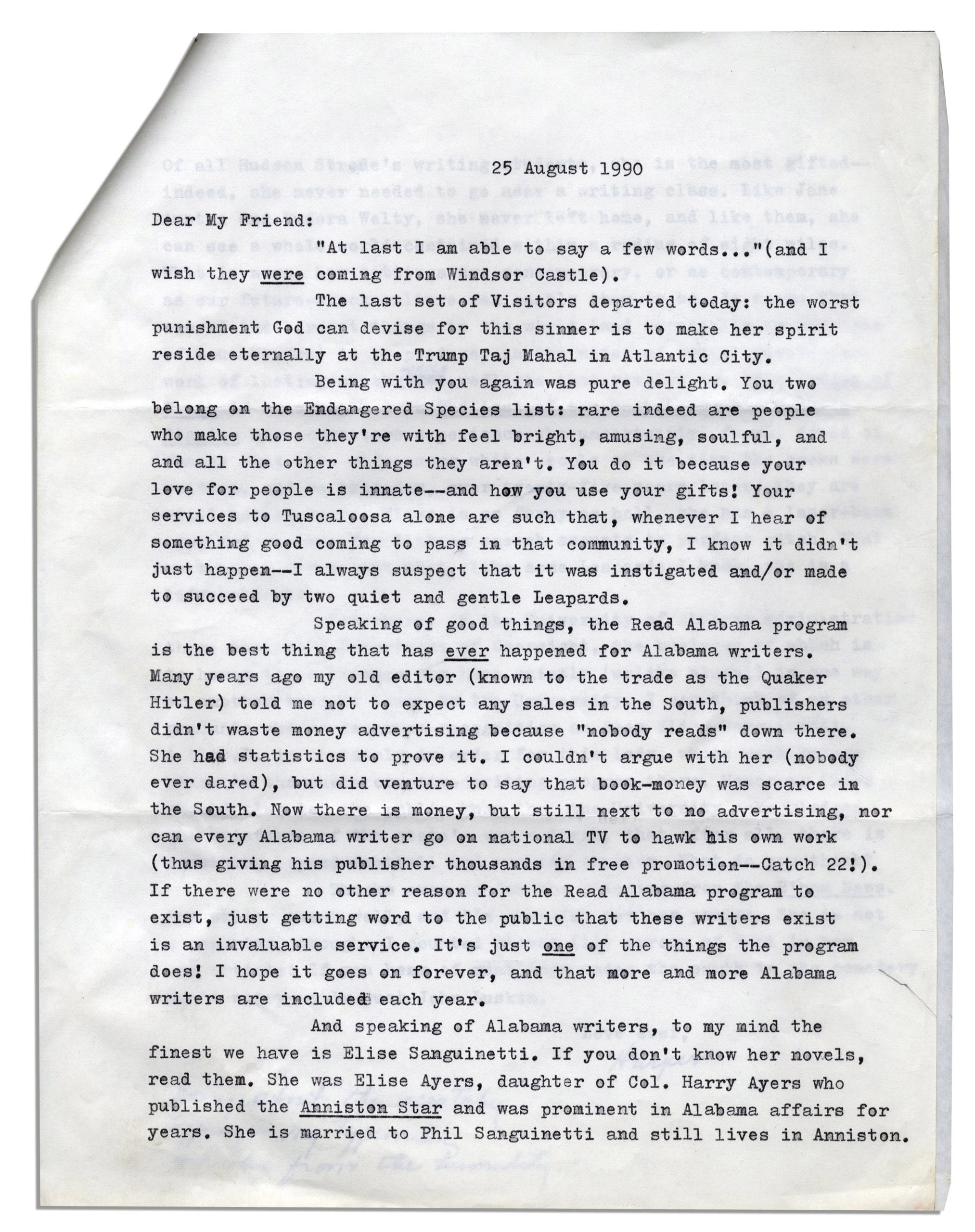 Signed Harper Lee letter from 1990 with disdain to Trump Taj Mahal.