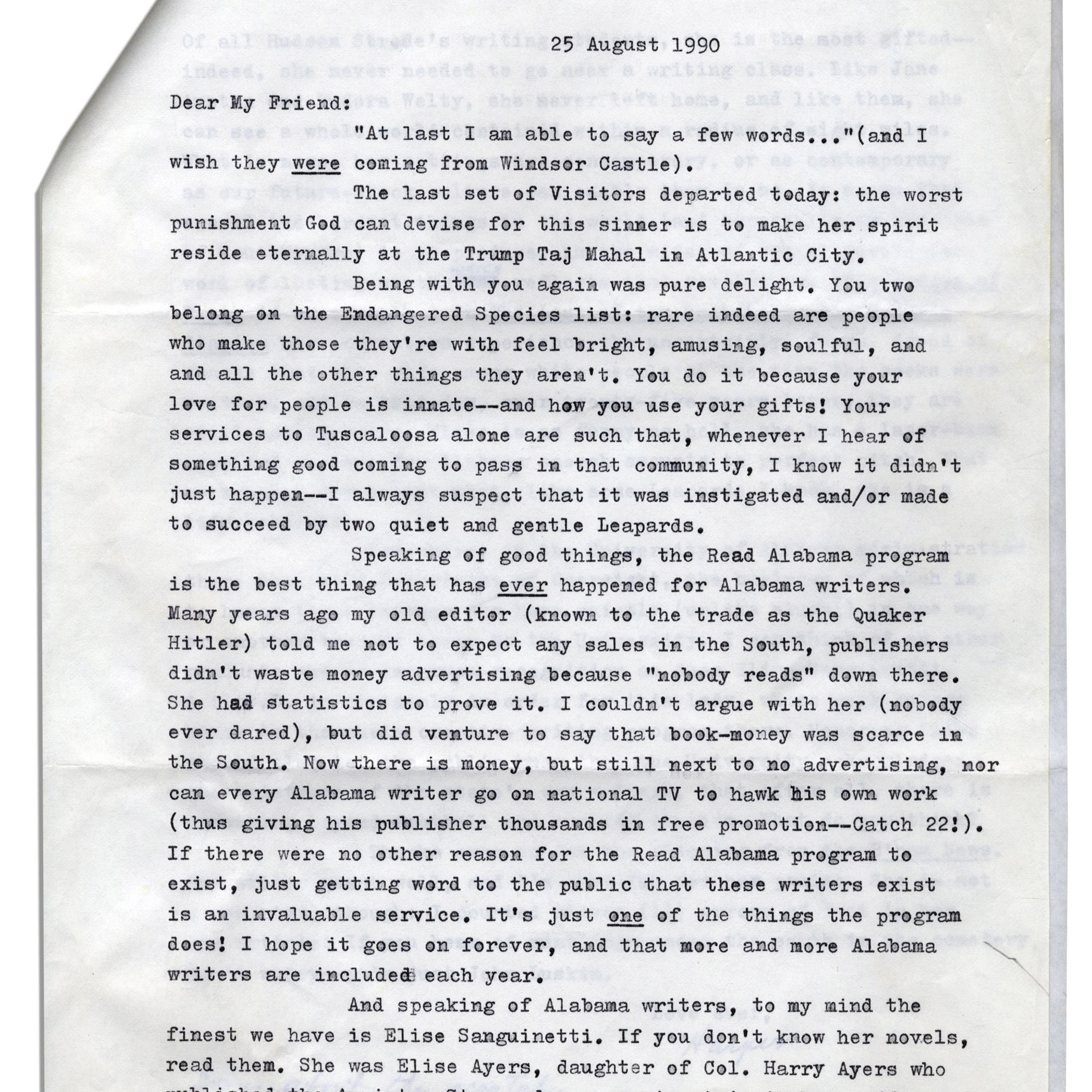 Signed Harper Lee letter from 1990 with disdain to Trump Taj Mahal.