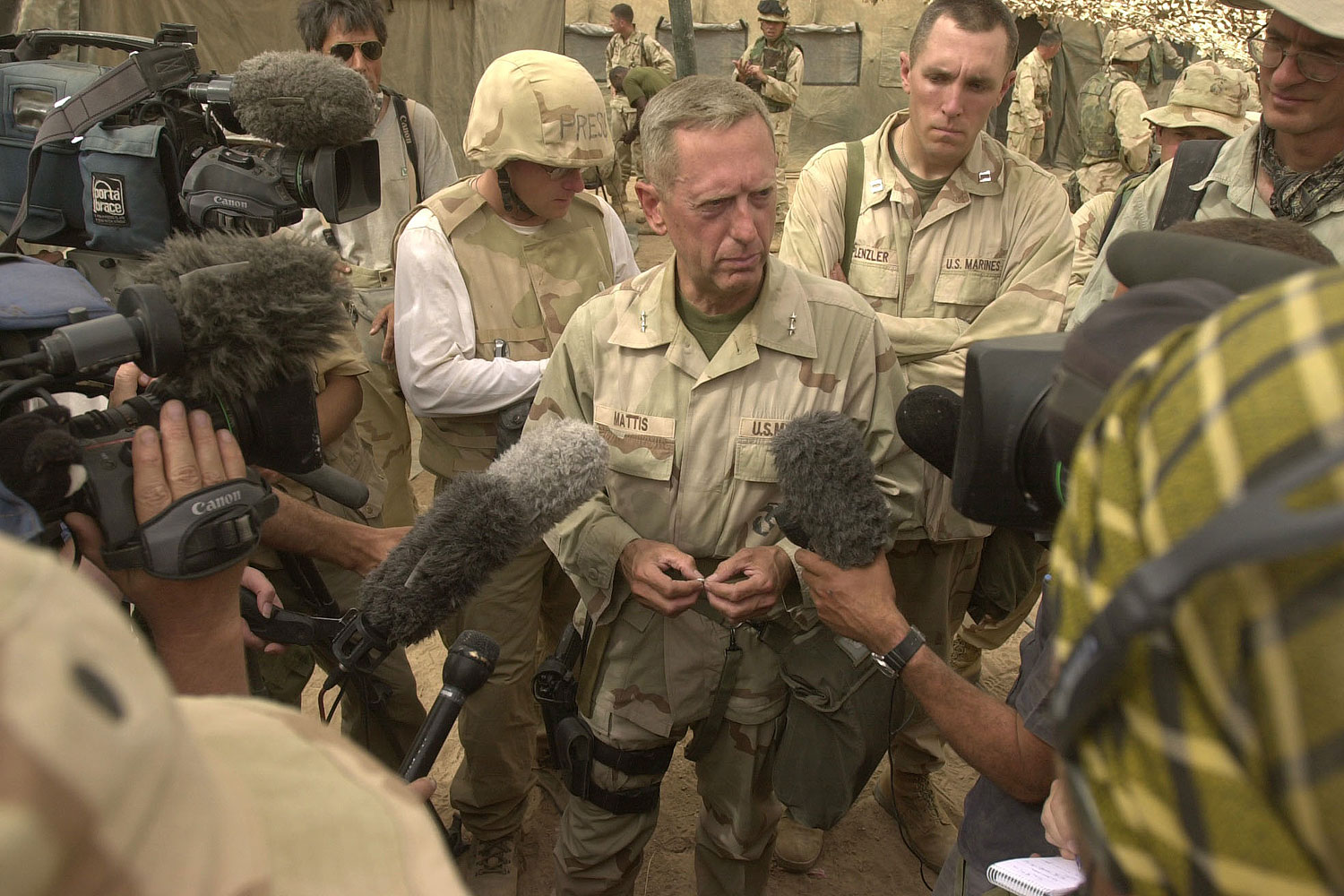 General Jim Mattis answers questions in Iraq in 2003. He has served in both Gulf Wars as well as in Afghanistan