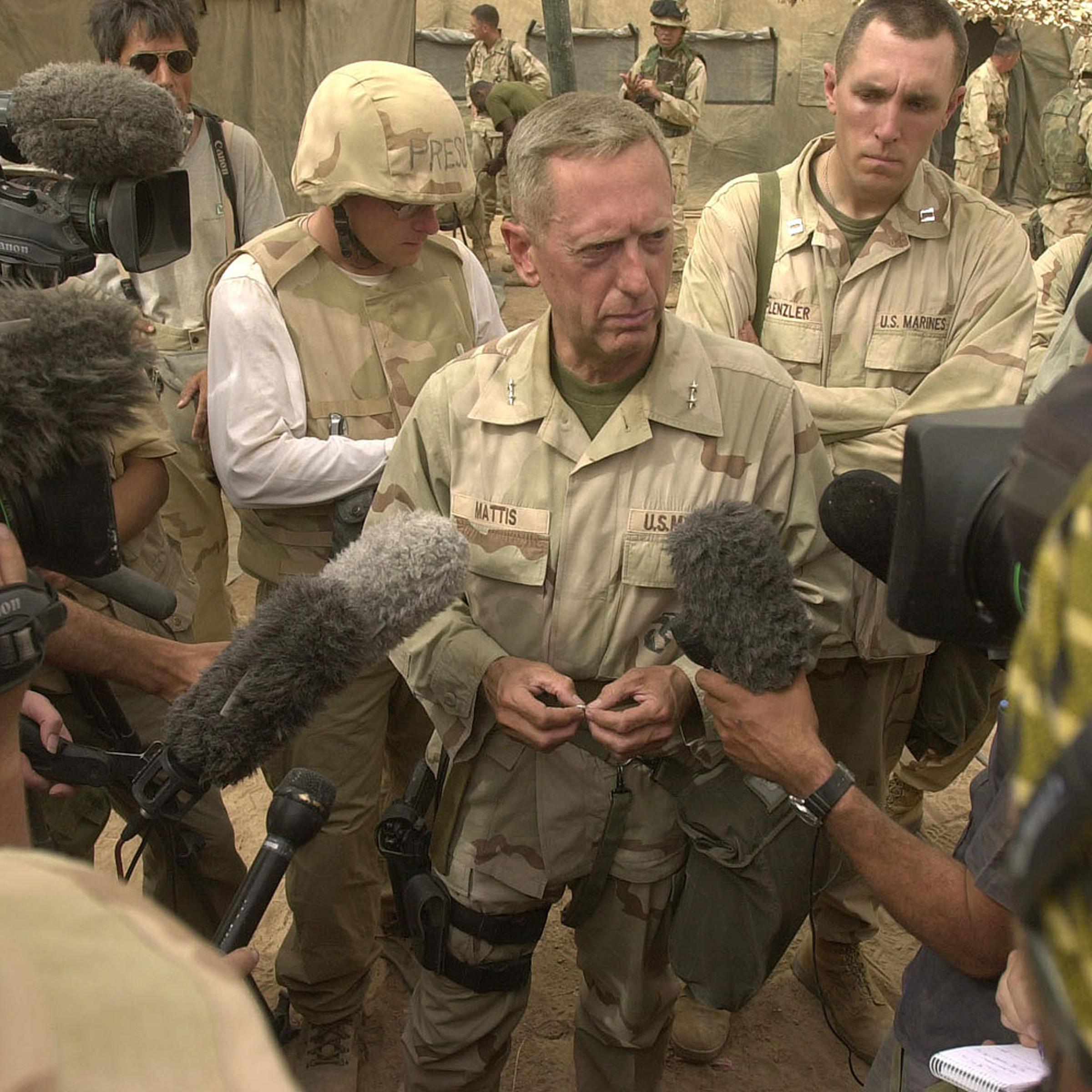 General Jim Mattis answers questions in Iraq in 2003. He has served in both Gulf Wars as well as in Afghanistan