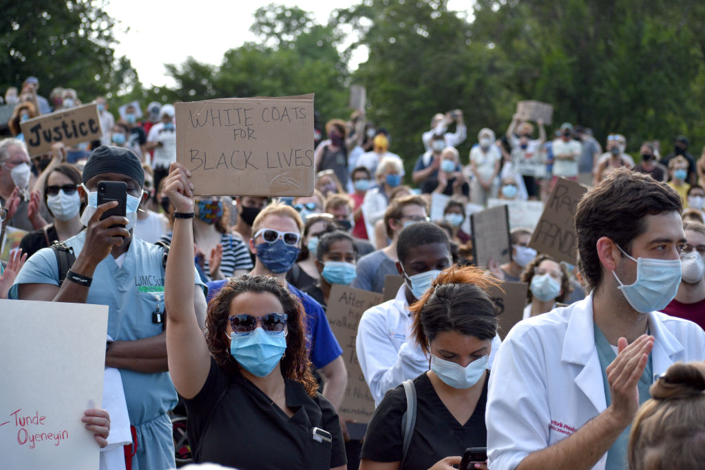 Medical workers rally in New York City, United States following death of African American George Floyd