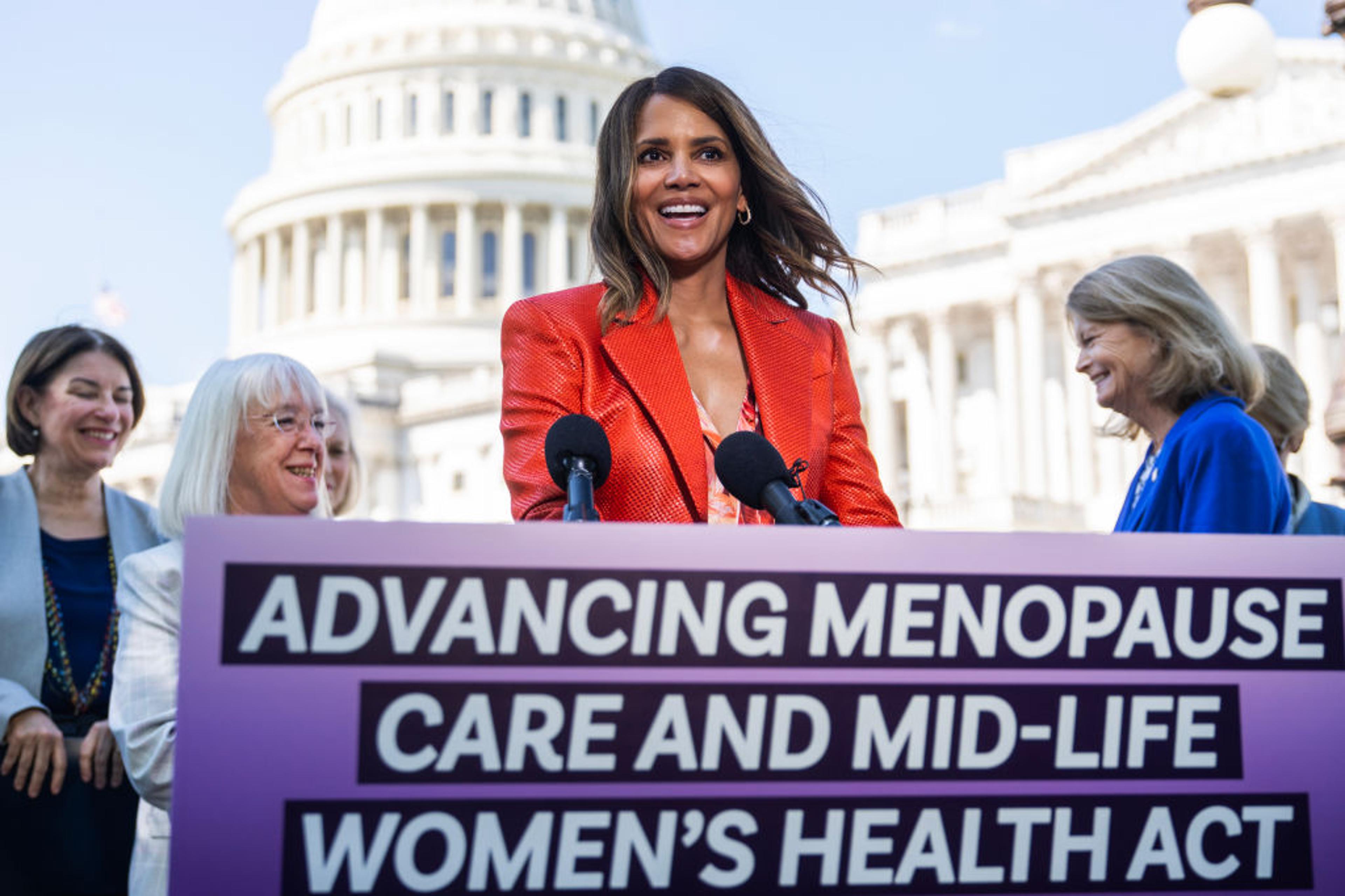 Halle Berry speaks during news conference on bipartisan legislation to raise federal research on menopause outside the U.S. Capitol on May 2, 2024.