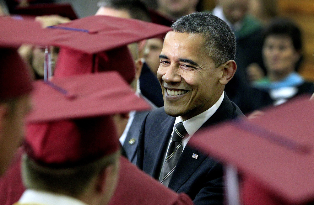 President Barack Obama greets Joplin High School graduates at the commencement ceremony for the Class of 2012 in Joplin, Missouri on May 21, 2012.