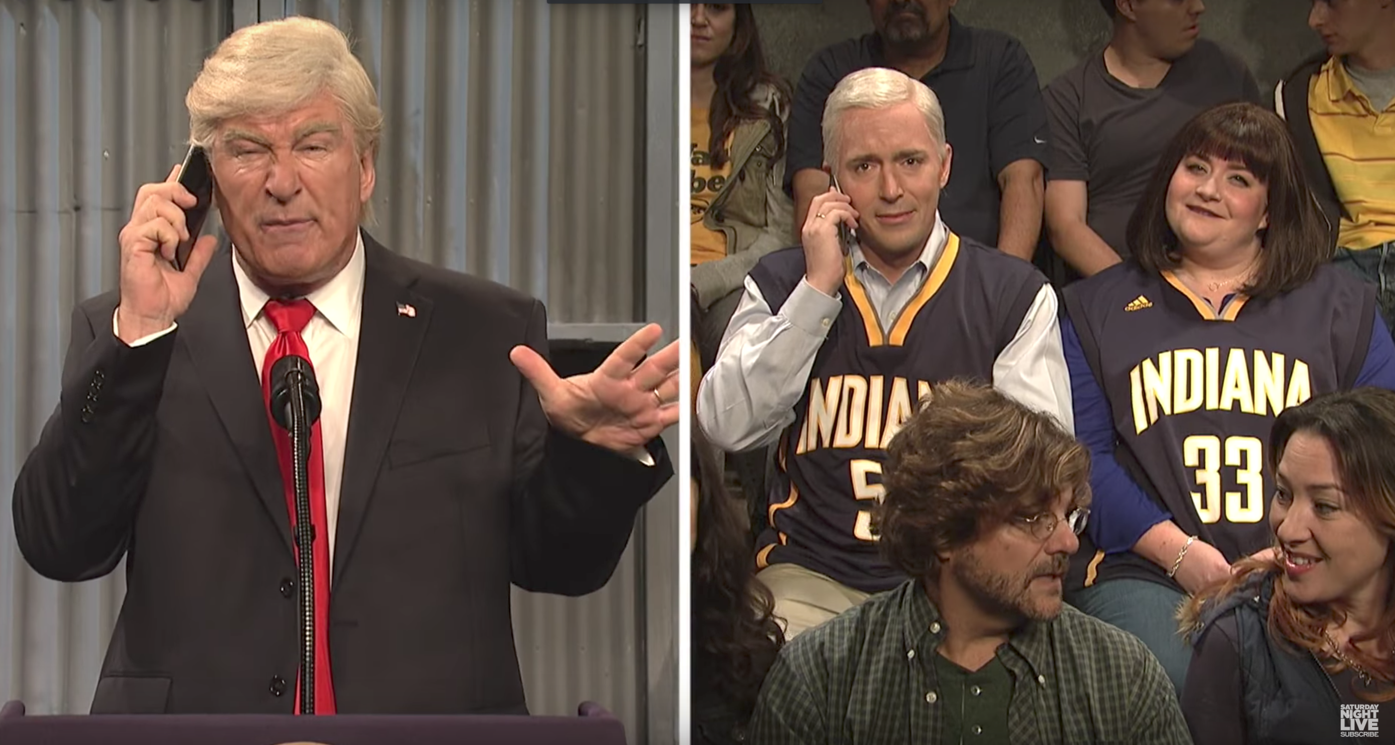 Alec Baldwin as President Trump, Beck Bennett as Vice President Mike Pence, and Aidy Bryant as Second Lady Sharon Pence on "Saturday Night Live"