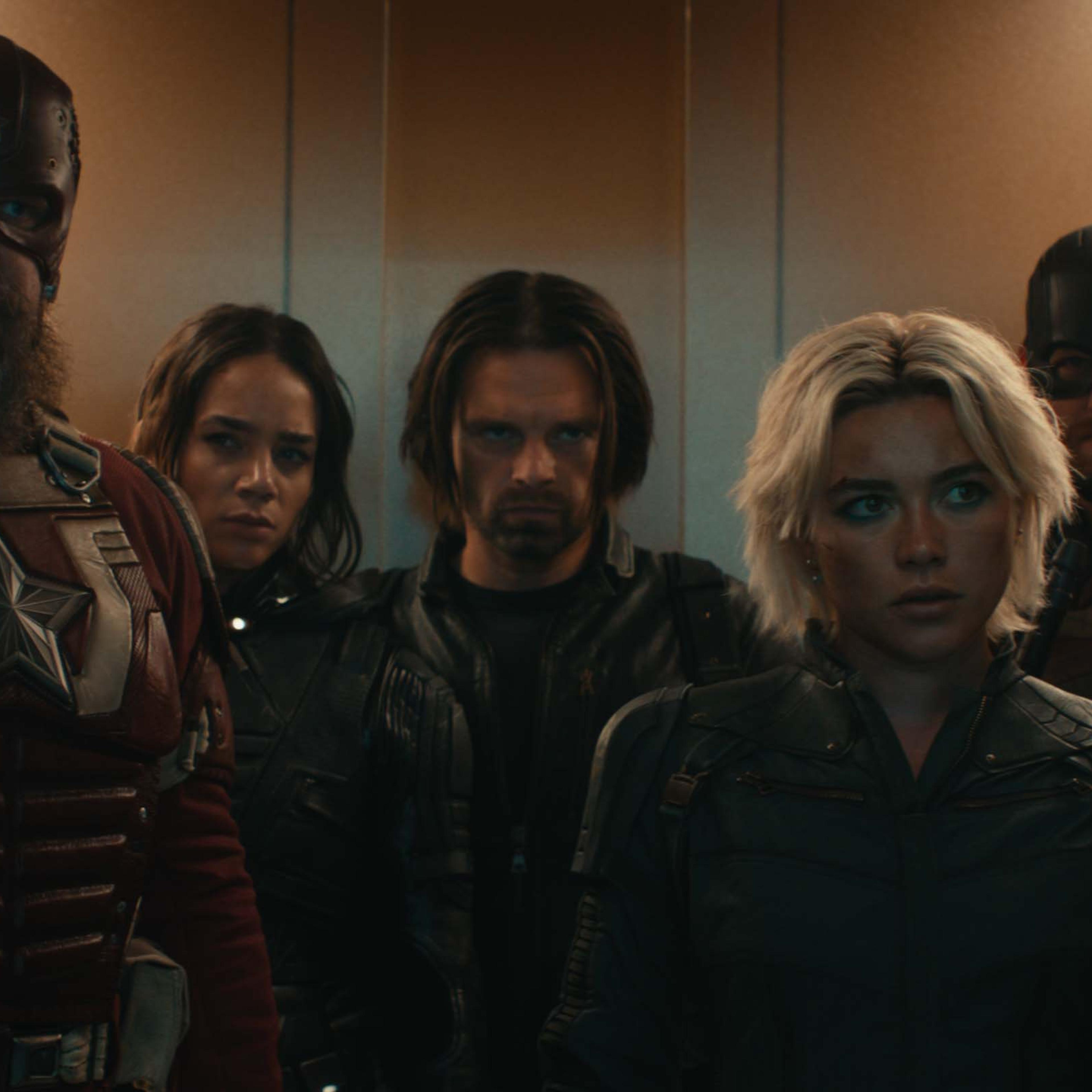 (L-R): Red Guardian (David Harbour), Ghost (Hannah John-Kamen), Bucky Barnes (Sebastian Stan), Yelena Belova (Florence Pugh), and John Walker (Wyatt Russell) and Bob (Lewis Pullman) in Thunderbolts*