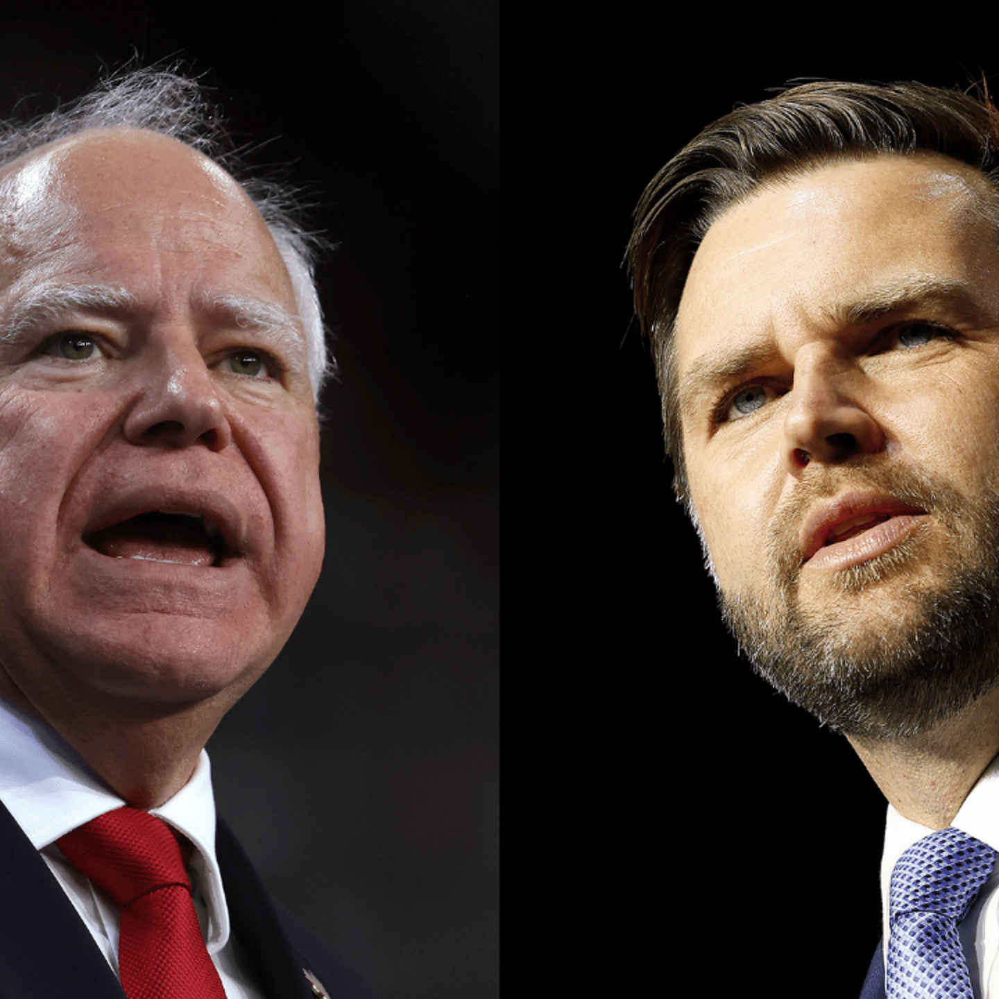 Gov. Tim Walz (D-Minn.), left, and Sen. J.D. Vance (R-Ohio), right.