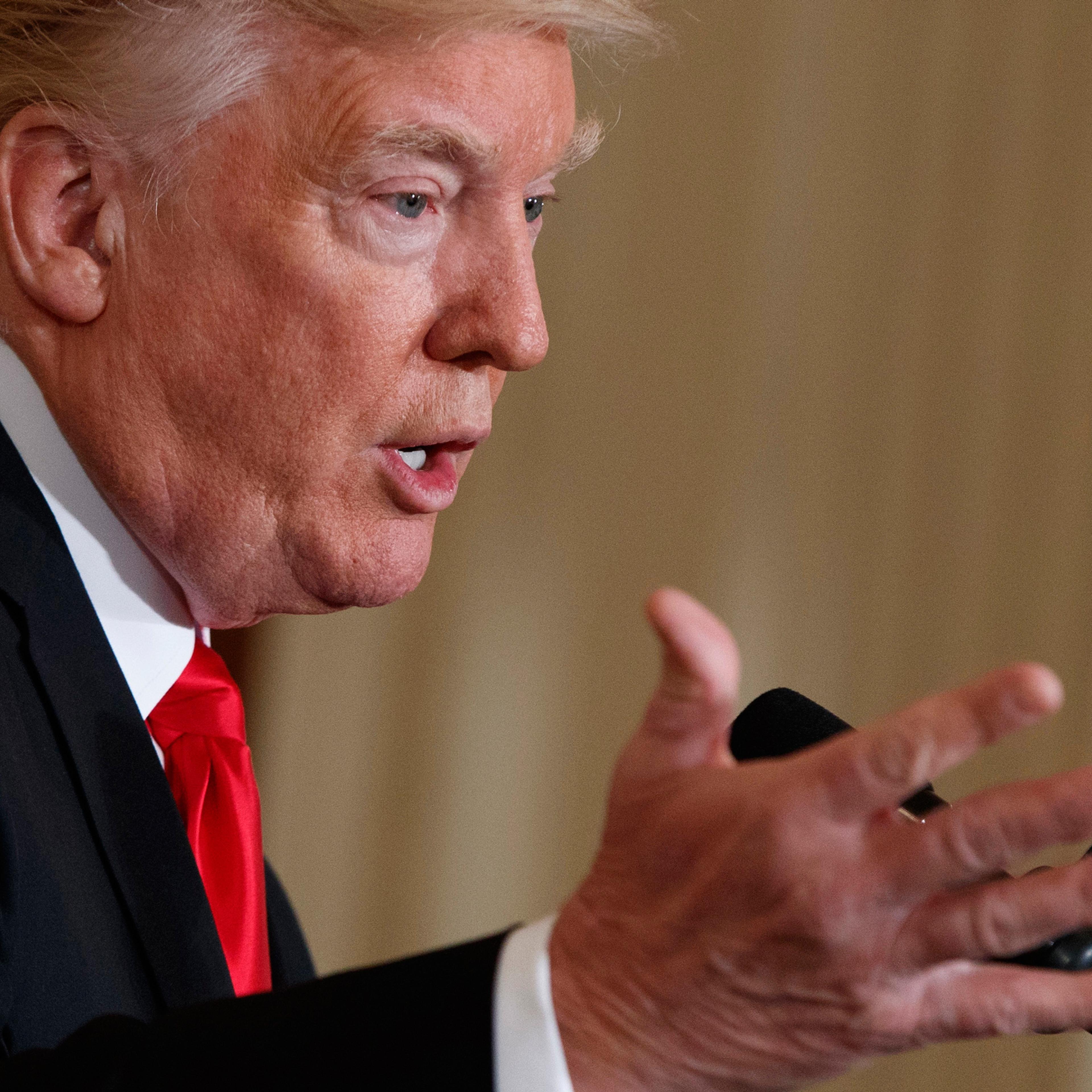 FILE In this Jan. 27, 2017 file photo, President Donald Trump speaks in the East Room of the White House in Washington. Trump hammered Hillary Clinton for months for not following the rules when it comes to government records. But a week into his preside