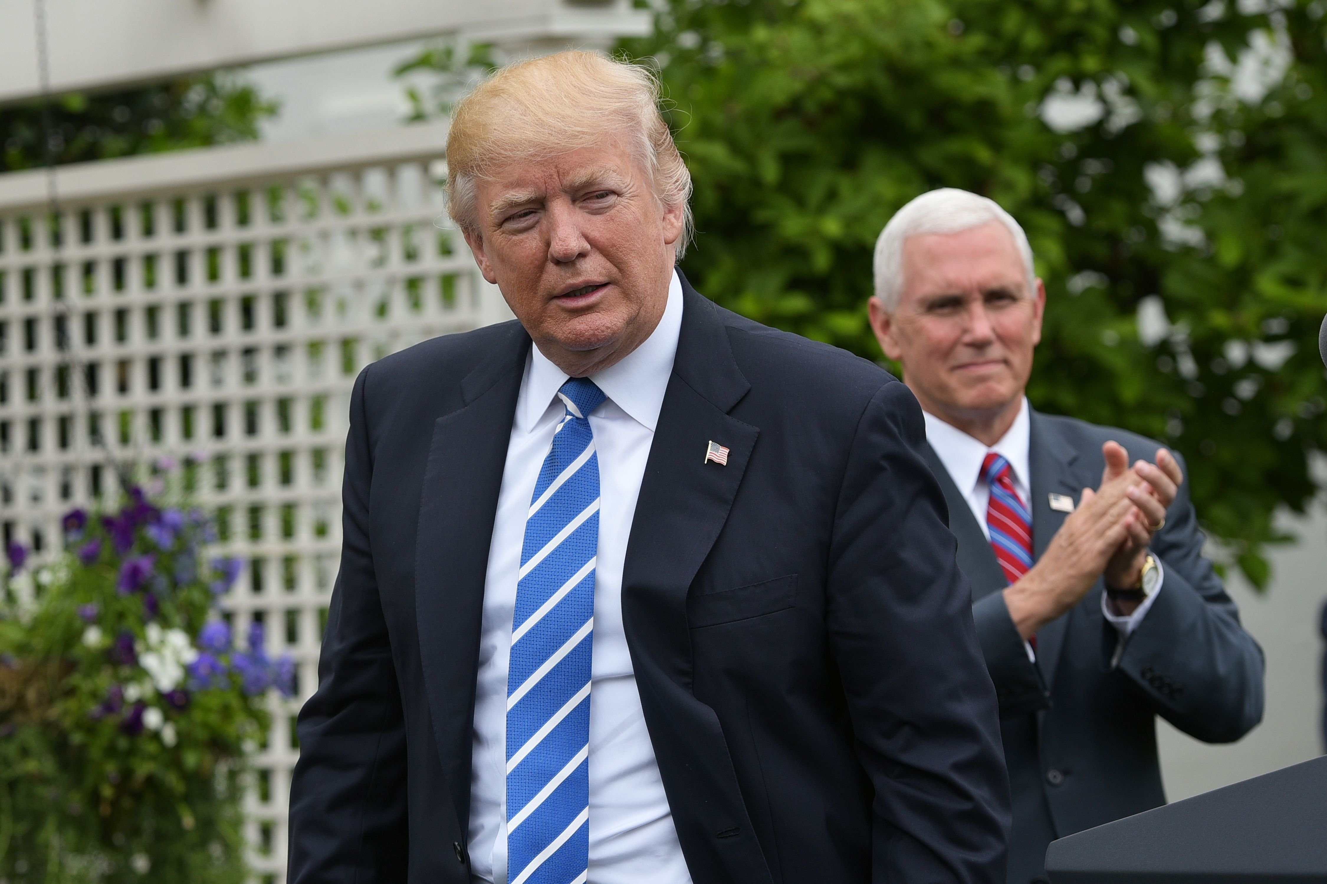 President Donald Trump during an event for the Independent Community Bankers Association in the Kennedy Garden of the the White House on May 1, 2017 in Washington