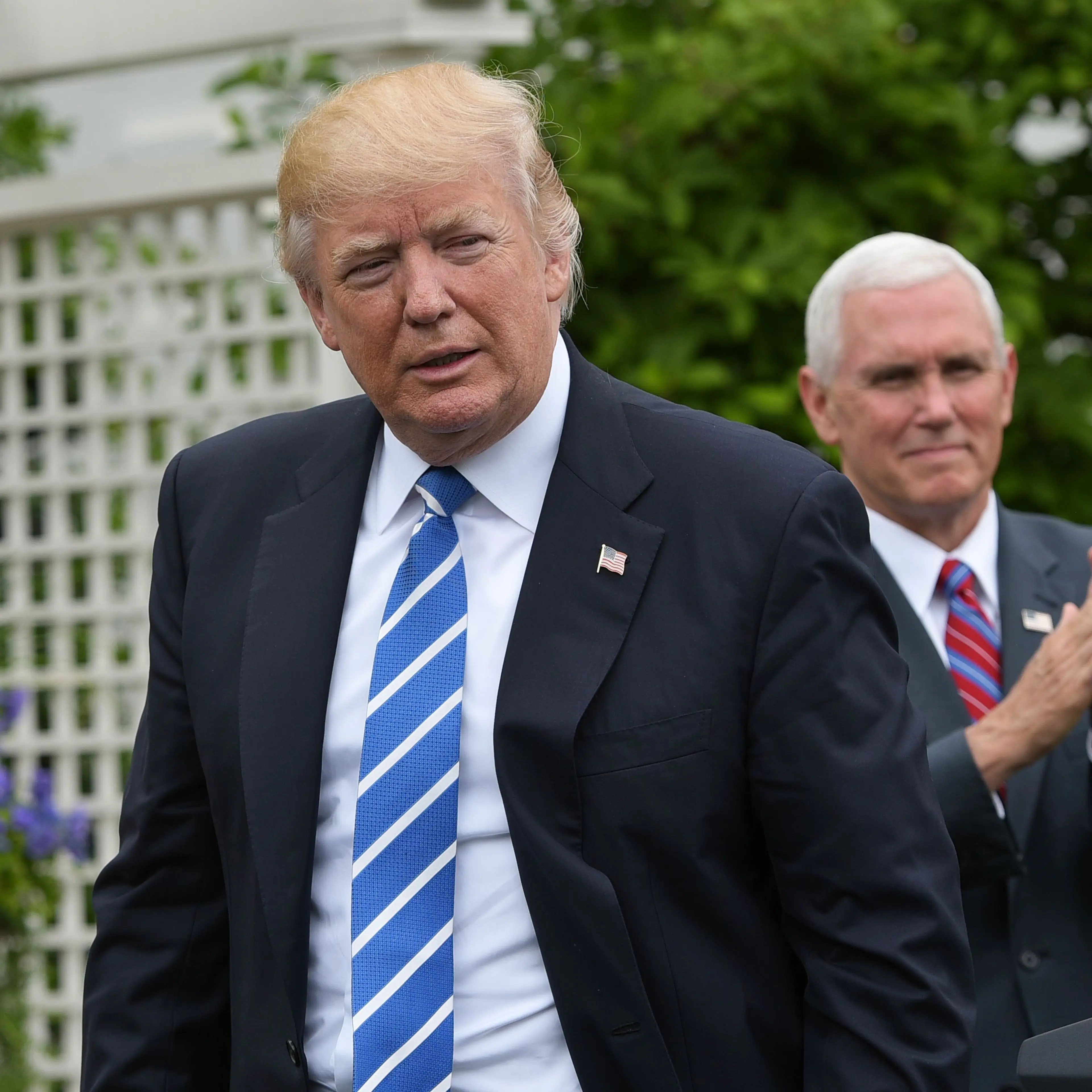 President Donald Trump during an event for the Independent Community Bankers Association in the Kennedy Garden of the the White House on May 1, 2017 in Washington