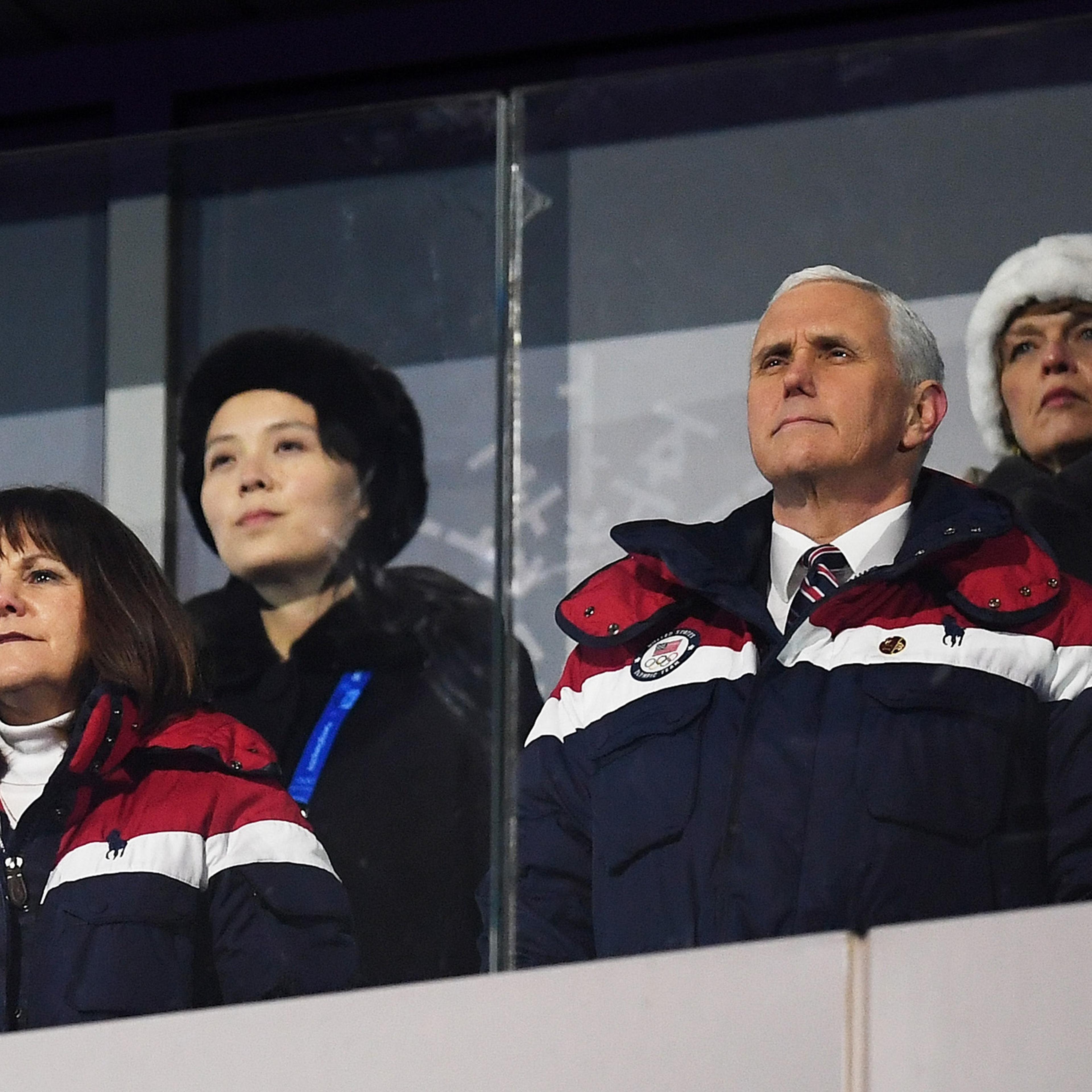 Vice President Mike Pence and his wife Karen watch on during the Opening Ceremony of the PyeongChang 2018 Winter Olympic Games. Behind pence sits Kim Yo-jong (back left), the sister of North Korean leader Kim Jong-Un, at PyeongChang Olympic Stadium in So