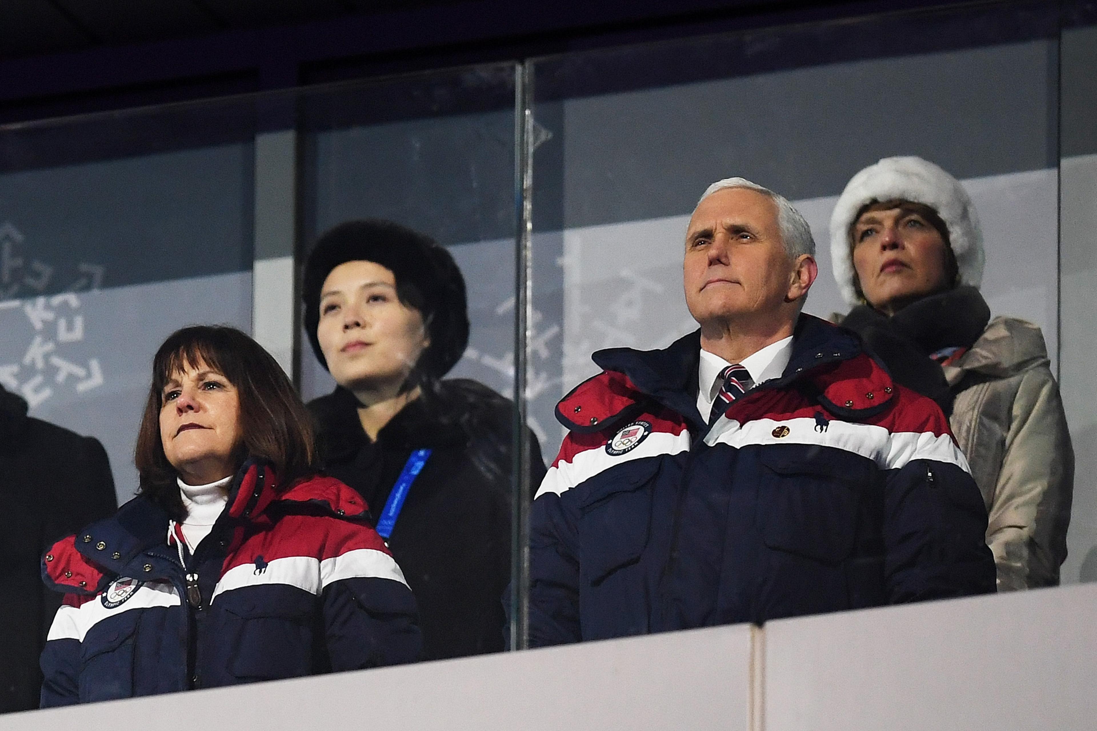 Vice President Mike Pence and his wife Karen watch on during the Opening Ceremony of the PyeongChang 2018 Winter Olympic Games. Behind pence sits Kim Yo-jong (back left), the sister of North Korean leader Kim Jong-Un, at PyeongChang Olympic Stadium in So