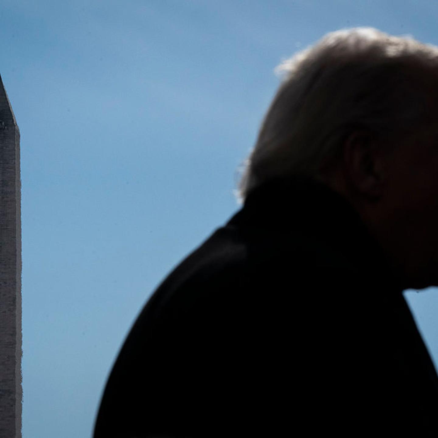 The Washington Monument is seen as President Donald Trump walks to board Marine One and depart for a trip to Iowa, at the White House in Washington, D.C., on Jan. 27, 2026.