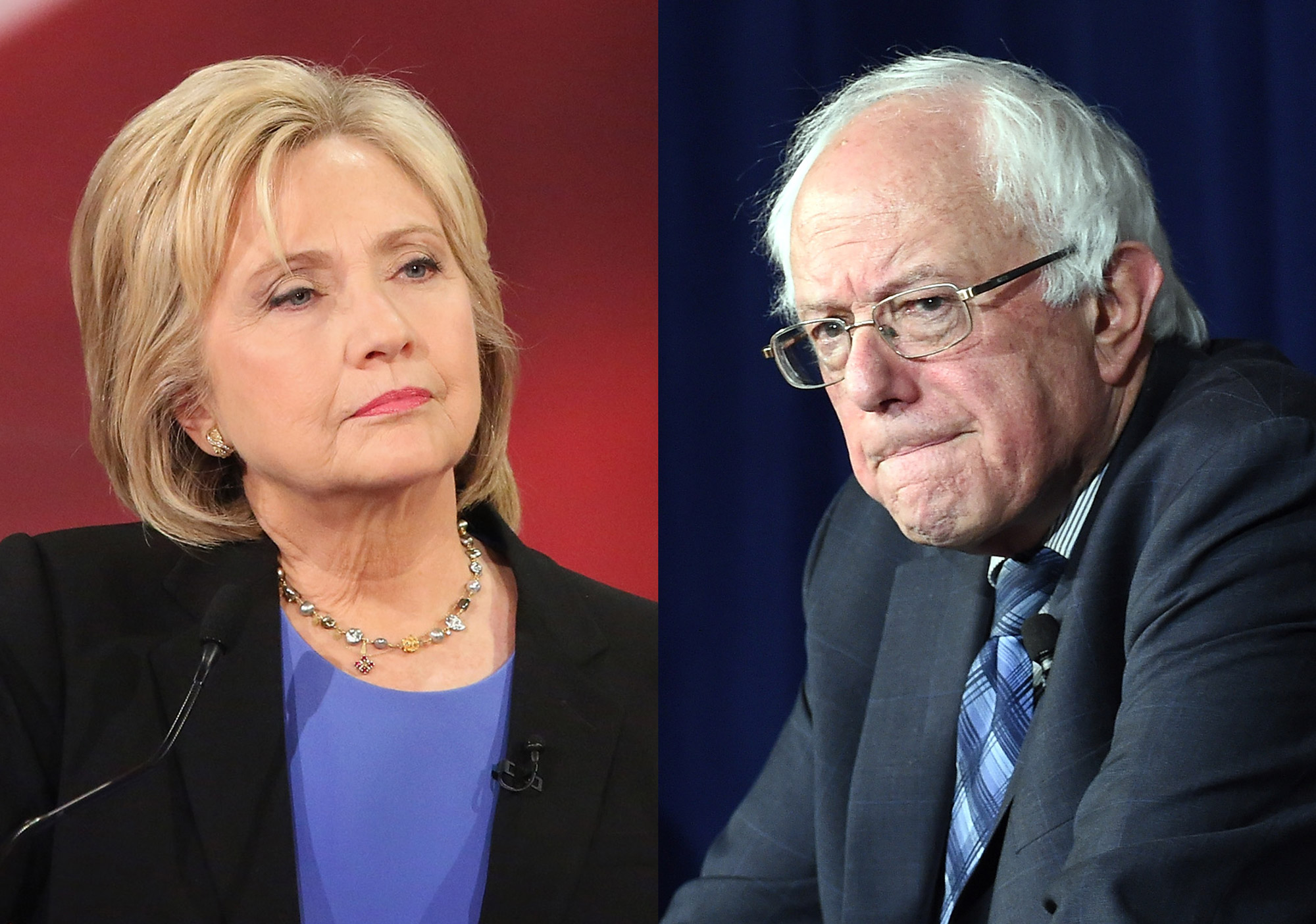 Hillary Clinton  in Charleston, SC on Jan. 17, 2016 (R); Bernie Sanders in Las Vegas, Nevada on Nov. 9, 2015.
