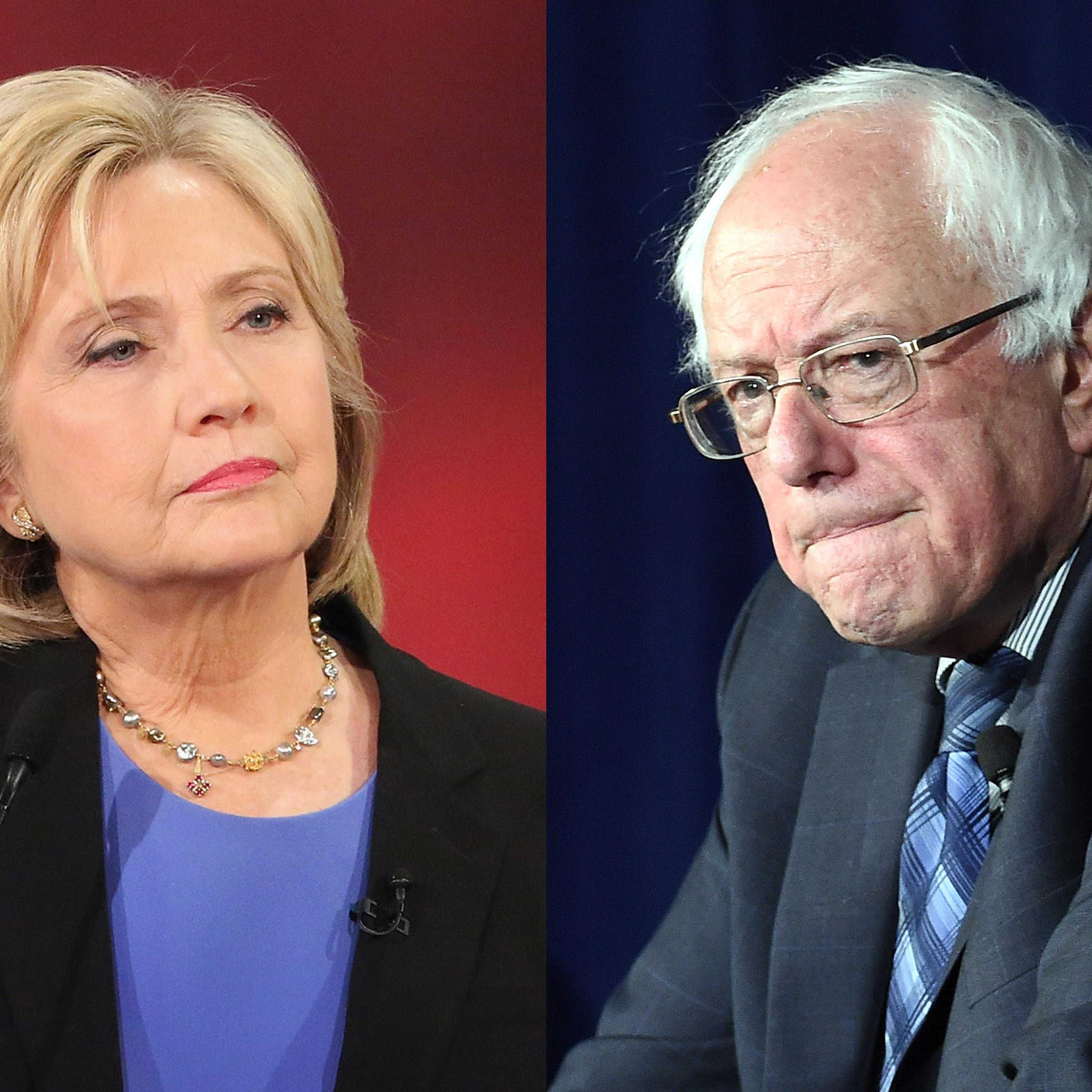 Hillary Clinton in Charleston, SC on Jan. 17, 2016 (R); Bernie Sanders in Las Vegas, Nevada on Nov. 9, 2015.