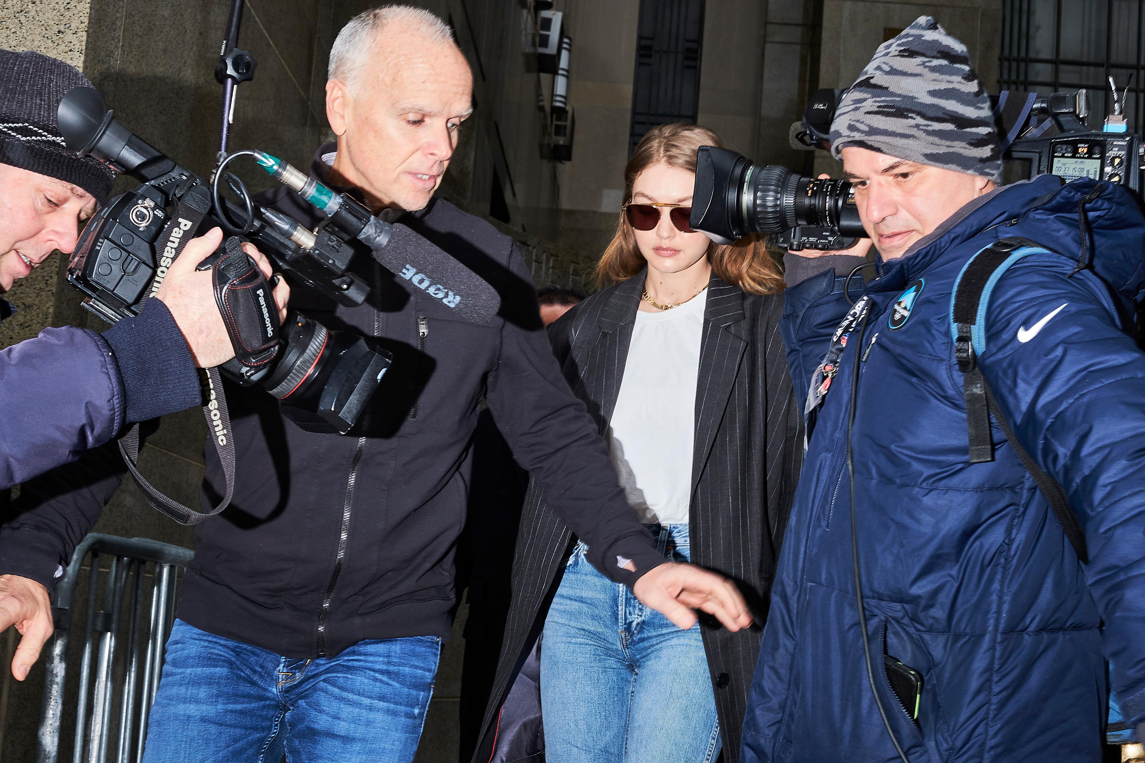 Supermodel Jelena Noura "Gigi" Hadid leaves Manhattan Criminal Court for jury selection in Harvey Weinstein's rape trial, on January 13, 2020 in Manha?ttan, NYC.