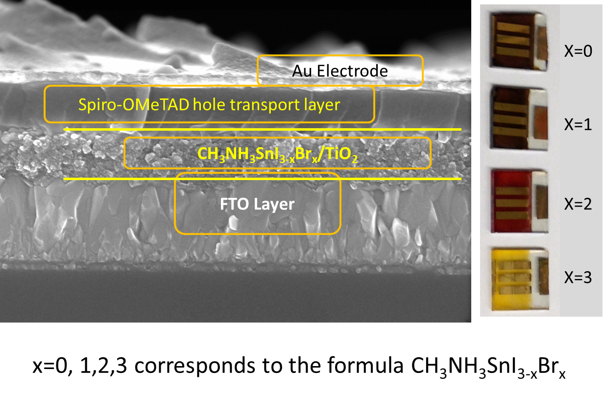 A cross-section of the tin-based solar cell -- the perovskite layer, which looks a bit like granulated sugar, is in the middle.