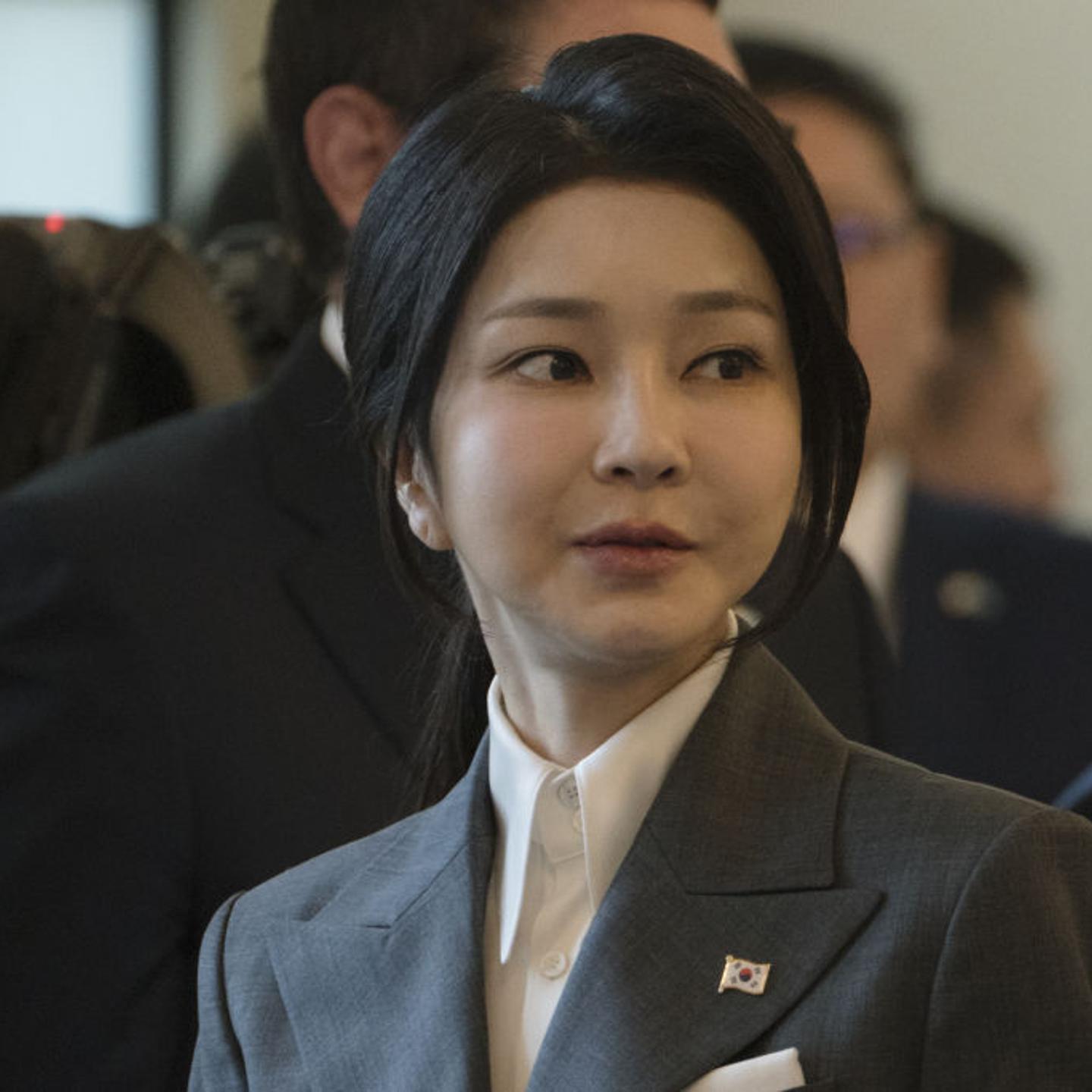 South Korean First Lady Kim Keon Hee attends a welcoming ceremony at the Ak Orda Presidential Palace in Astana, Kazakhstan on June 12, 2024.