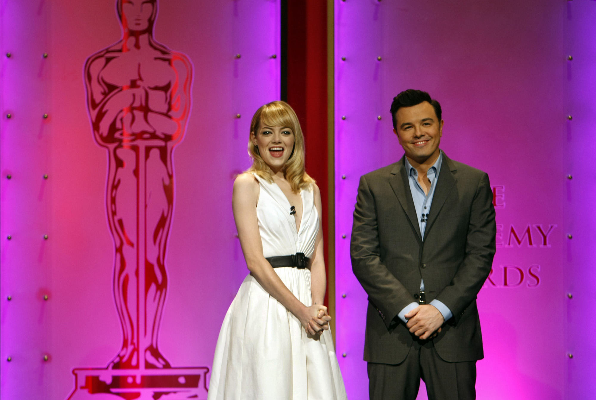 Seth MacFarlane and actress Emma Stone announce the Academy Award nominations at the Academy of Mot