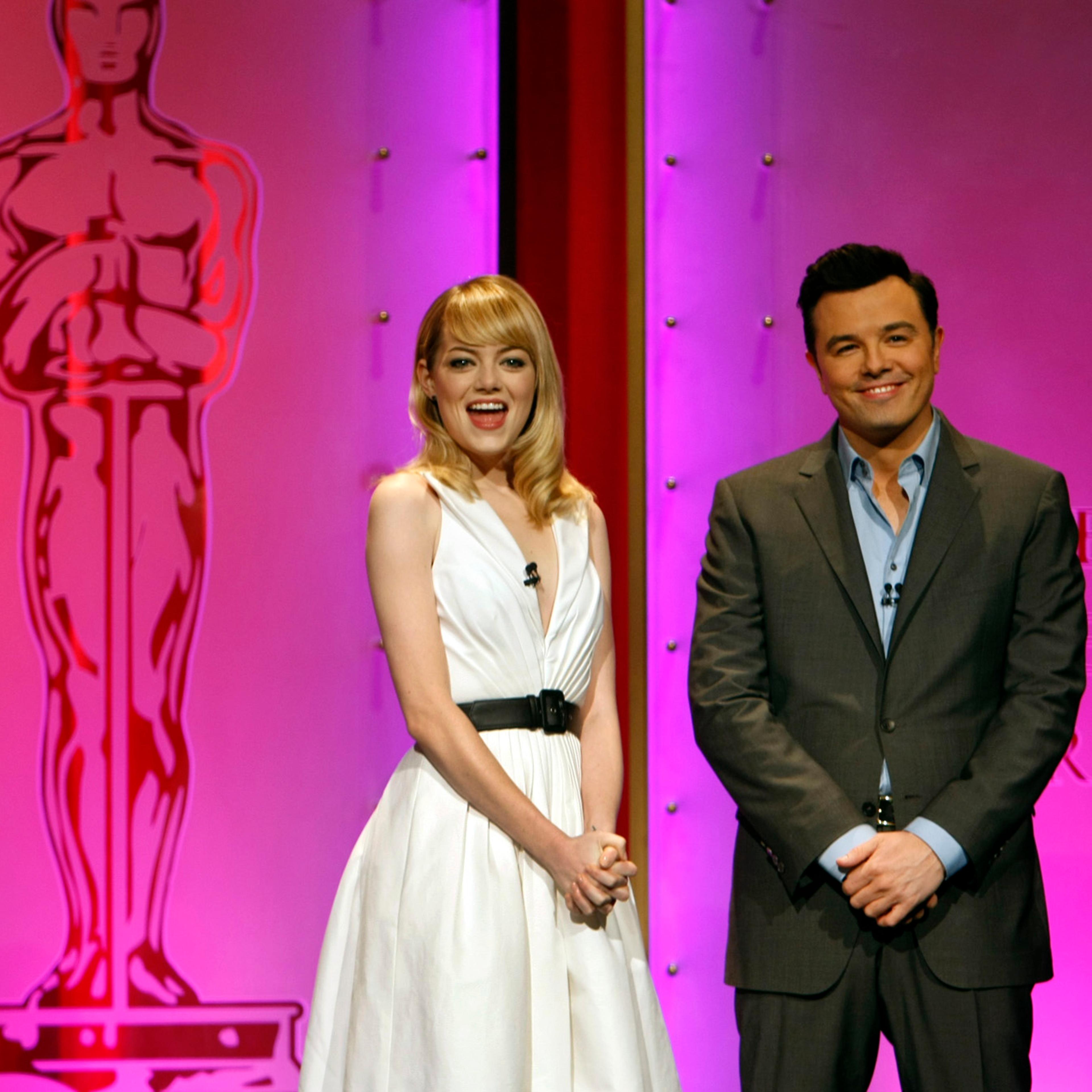 Seth MacFarlane and actress Emma Stone announce the Academy Award nominations at the Academy of Mot
