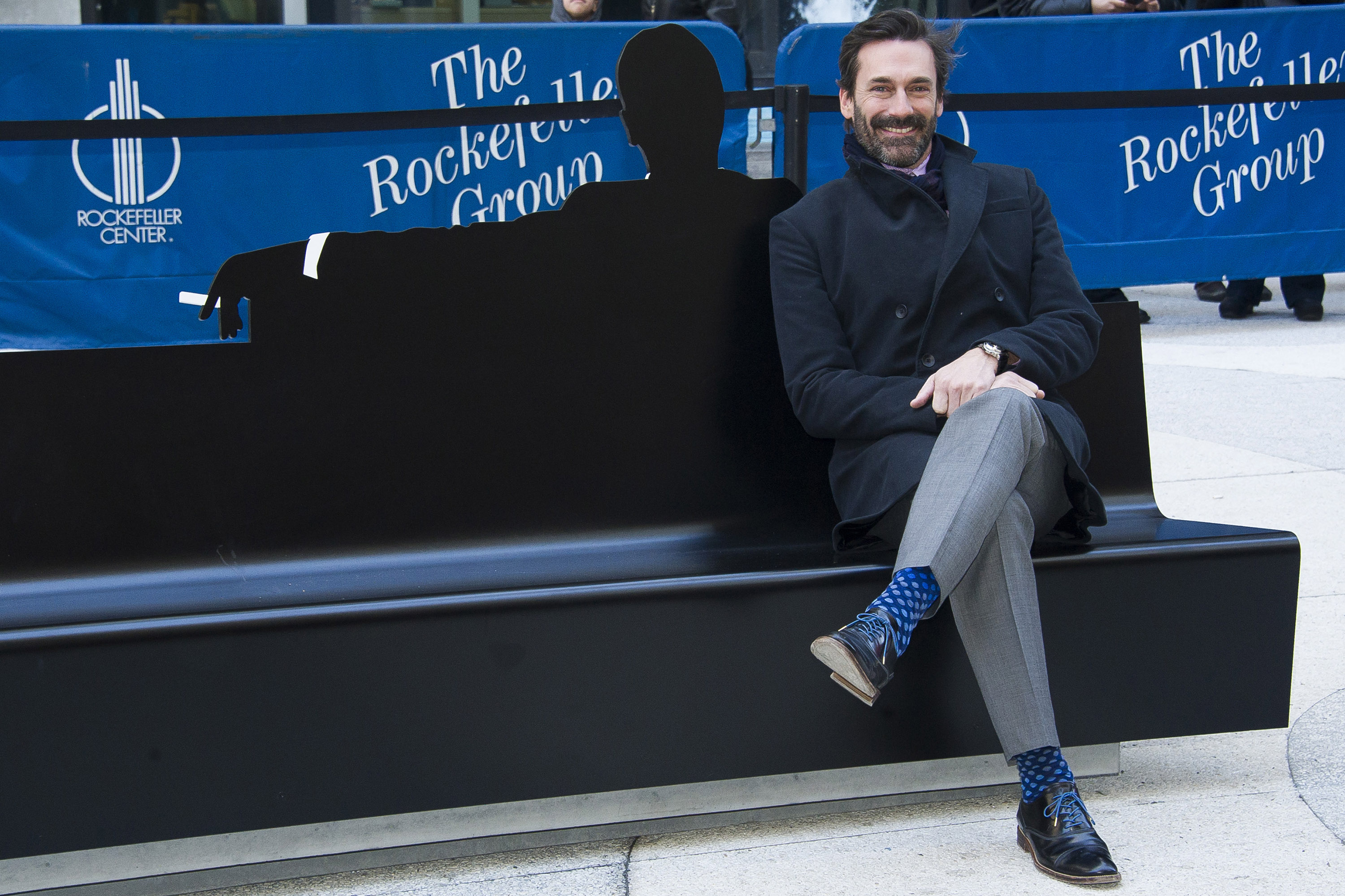 Jon Hamm appears at an unveiling of a bench dedicated to the "Mad Men" series in front of the Time-Life Building in New York City on March 23, 2015.