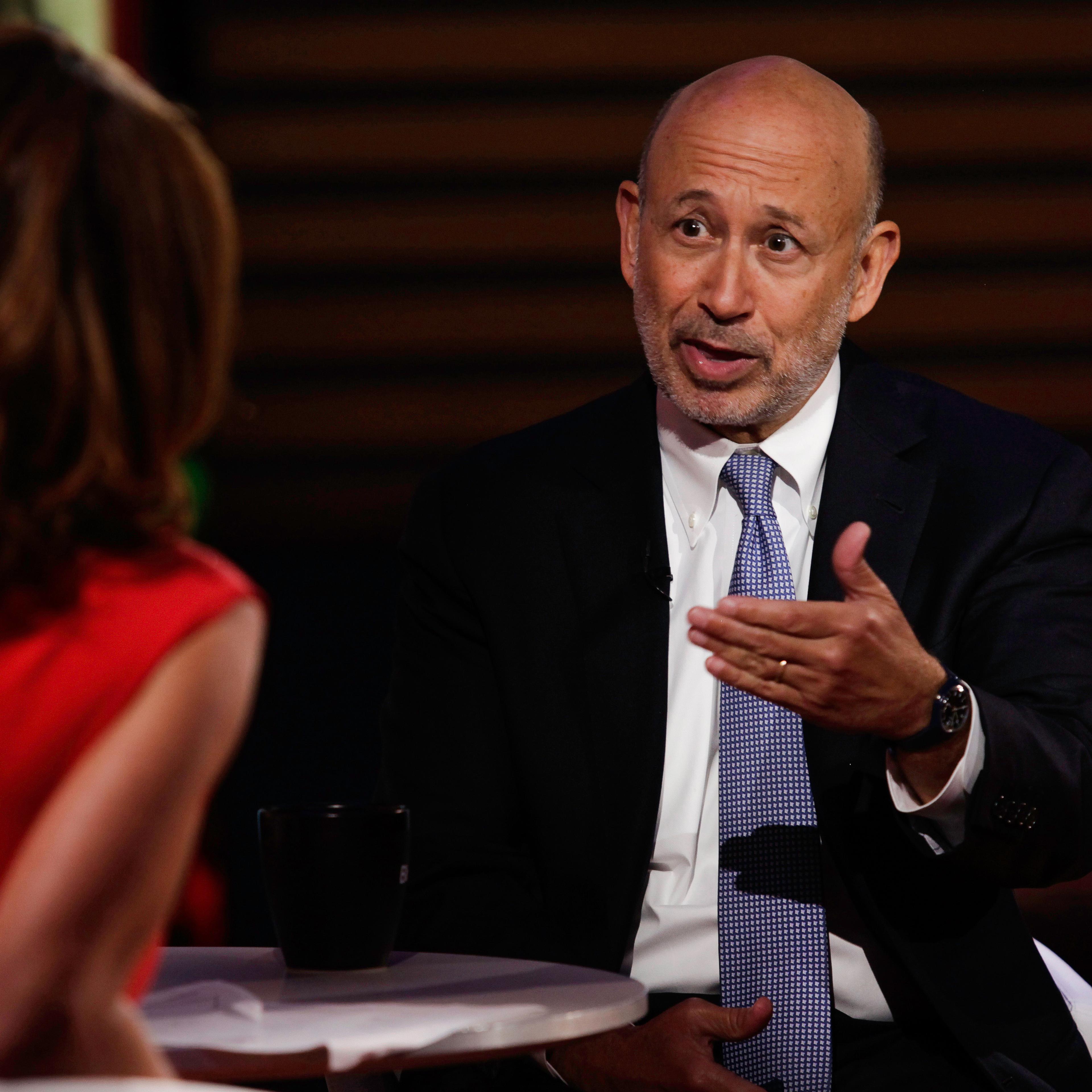 Lloyd Blankfein, CEO of Goldman Sachs Group, is photographed during a TV interview in the Bloomberg Offices in New York, NY, U.S., on Wednesday, July 29, 2015