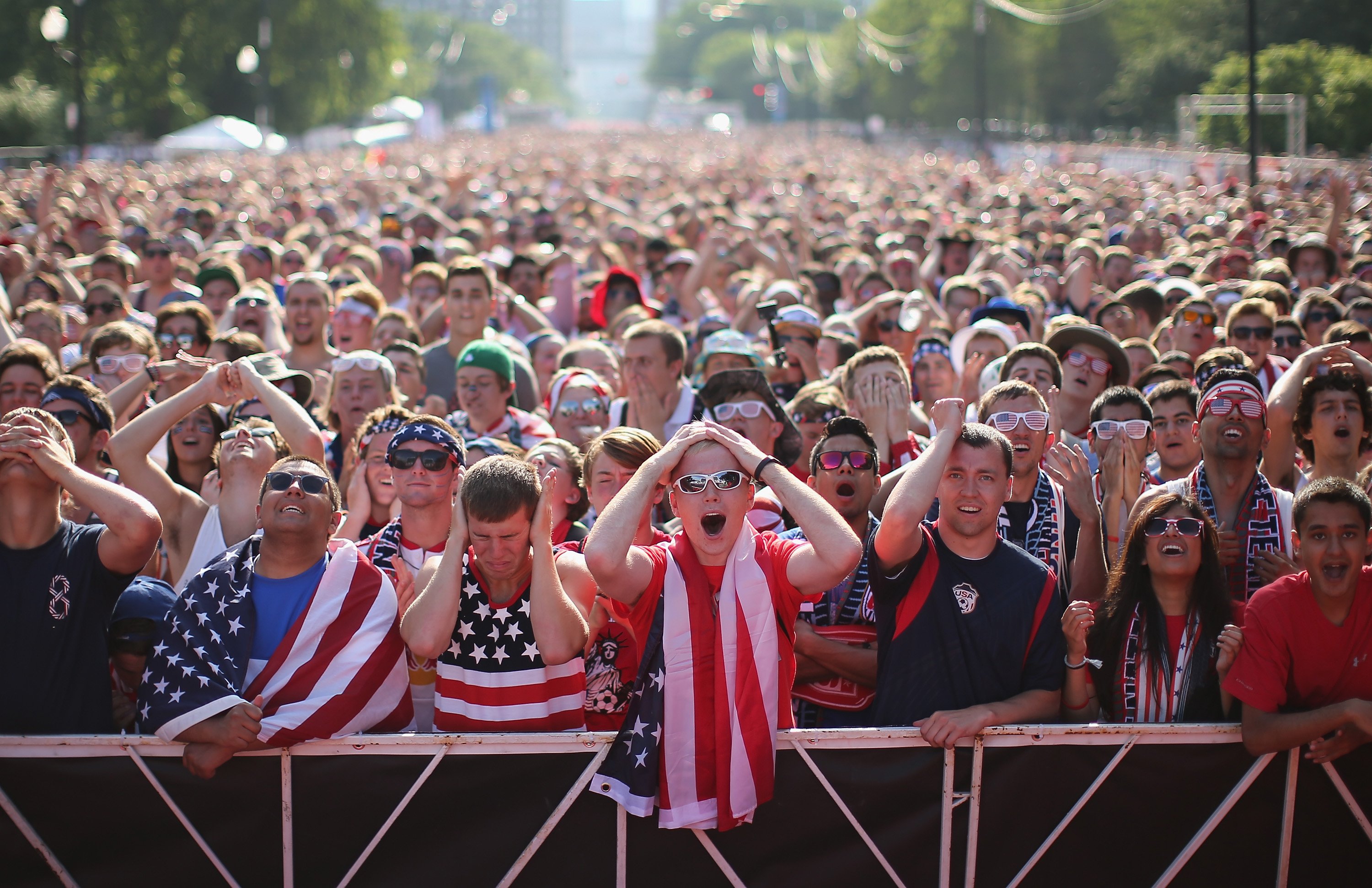Fans gather in Grant Park to watch the U.S. play Portugal in a Group G World Cup soccer match on June 22, 2014 in Chicago. Fans were turned away from the free event after a 10,000-person capacity was reached.
