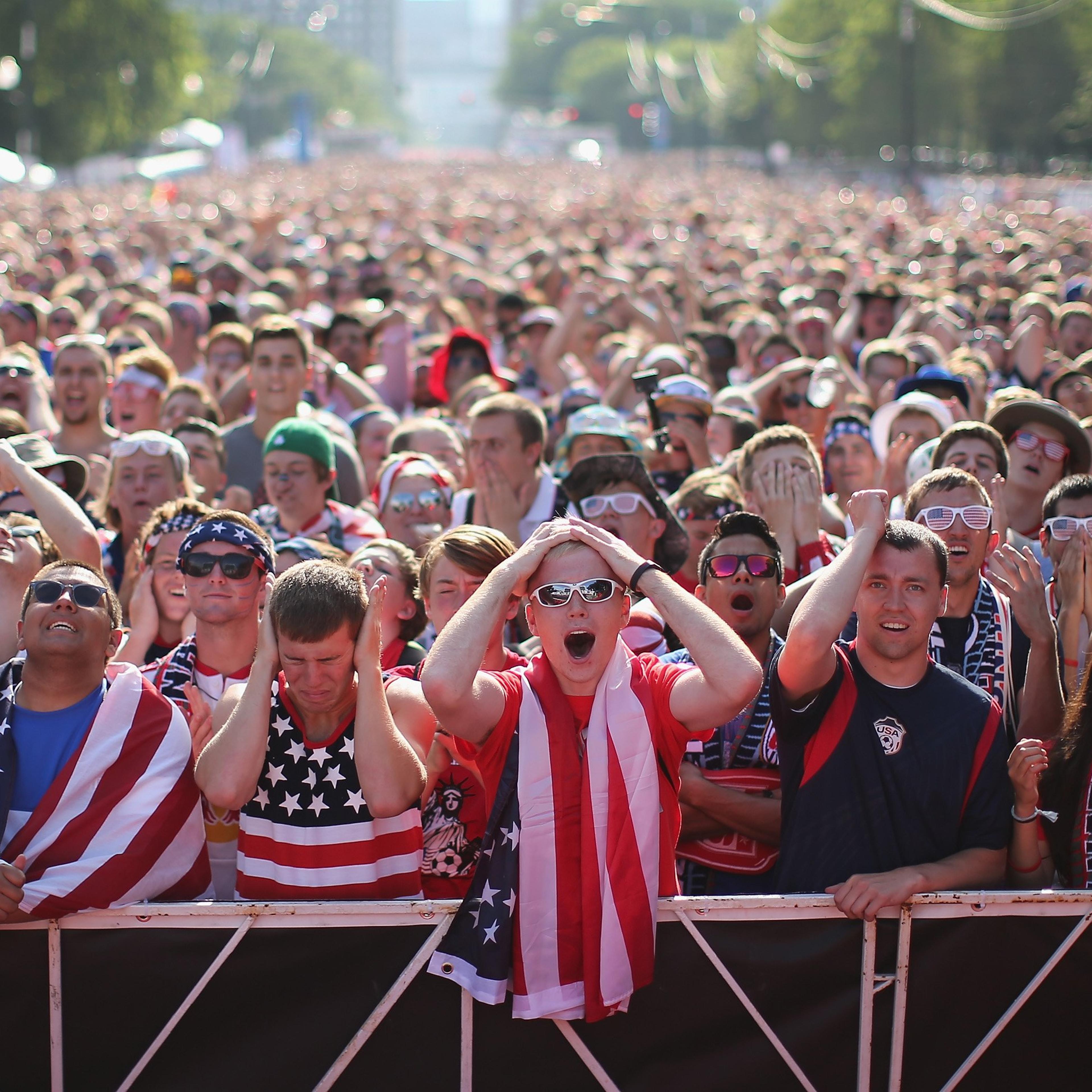 Fans gather in Grant Park to watch the U.S. play Portugal in a Group G World Cup soccer match on June 22, 2014 in Chicago. Fans were turned away from the free event after a 10,000-person capacity was reached.