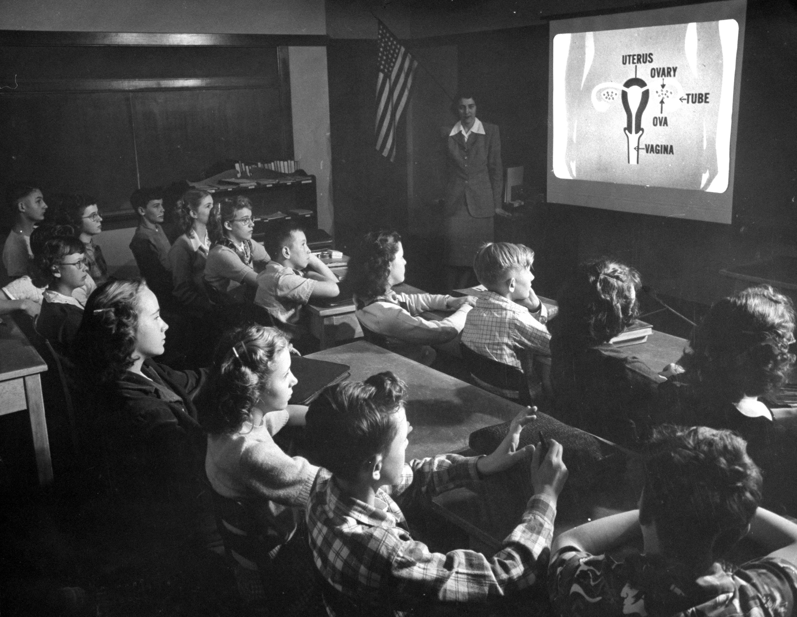 In Oregon classroom, the seventh grade watches sex-education movie.