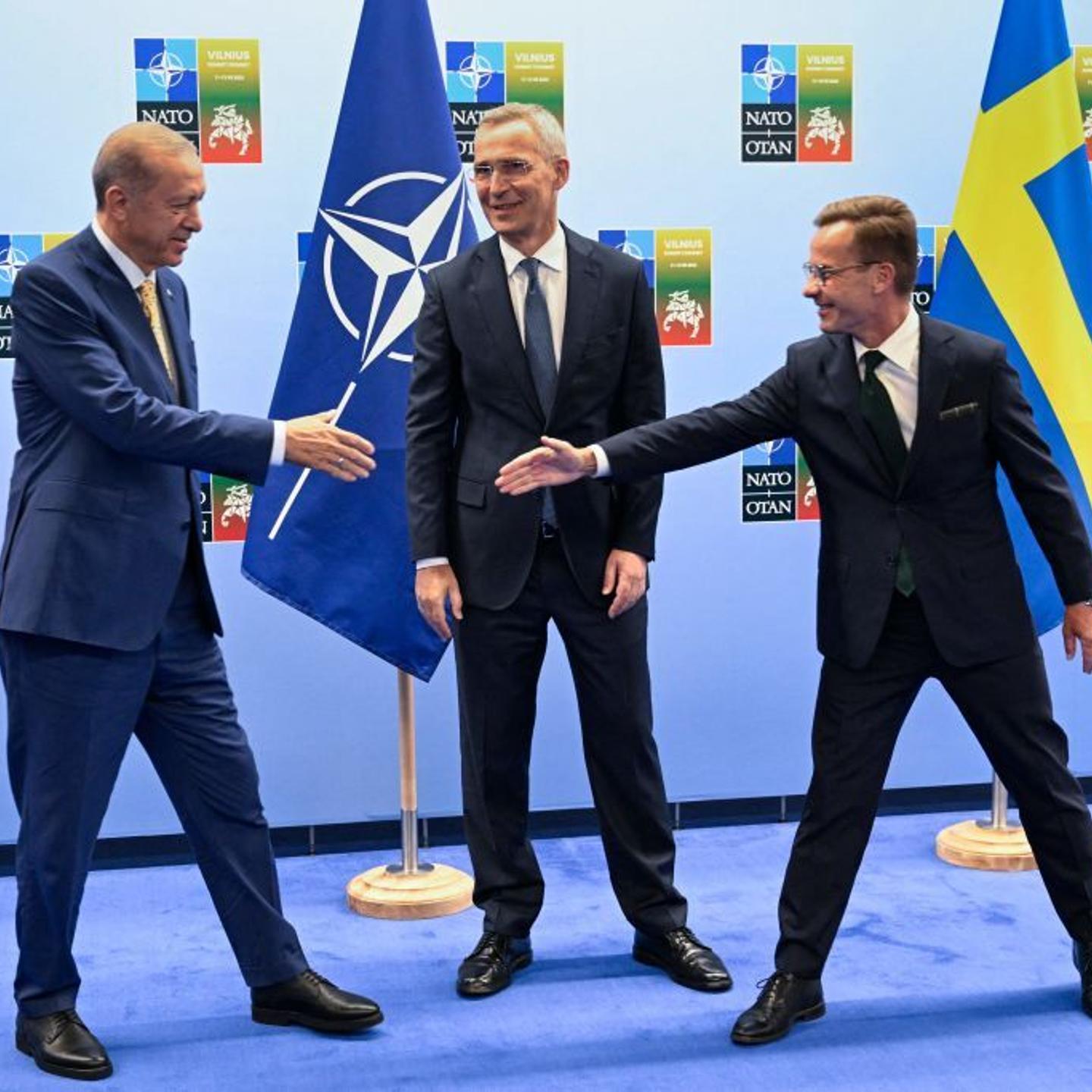 Turkish President Tayyip Erdogan (L) and Swedish Prime Minister Ulf Kristersson shake hands next to NATO Secretary-General Jens Stoltenberg prior to their meeting, on the eve of a NATO summit, in Vilnius.