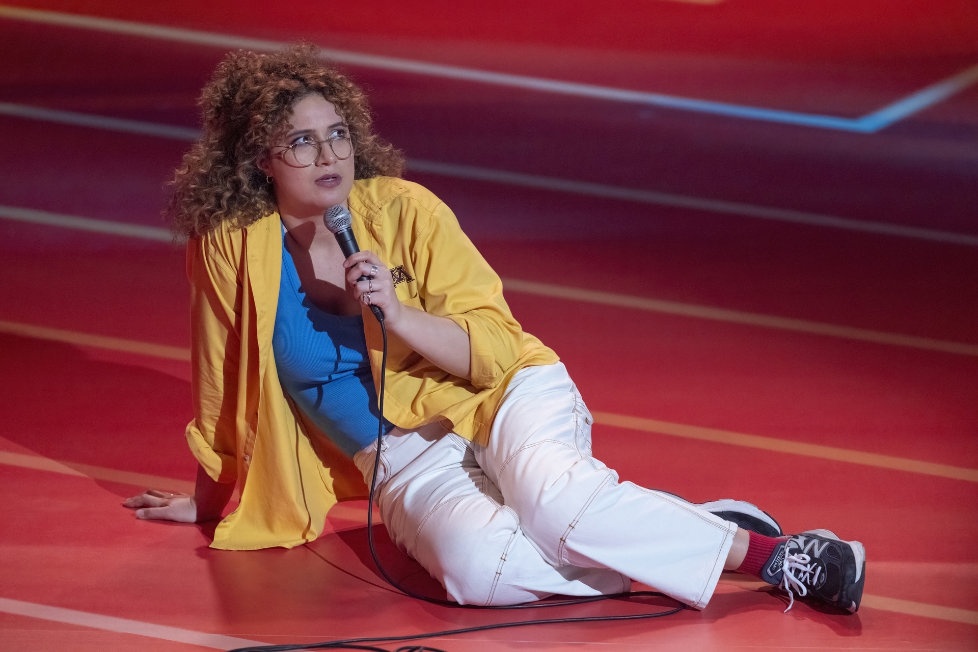 Rose Matafeo on stage at London's Britten Theatre performing a stand-up gig for her TV special, On And On And On.
