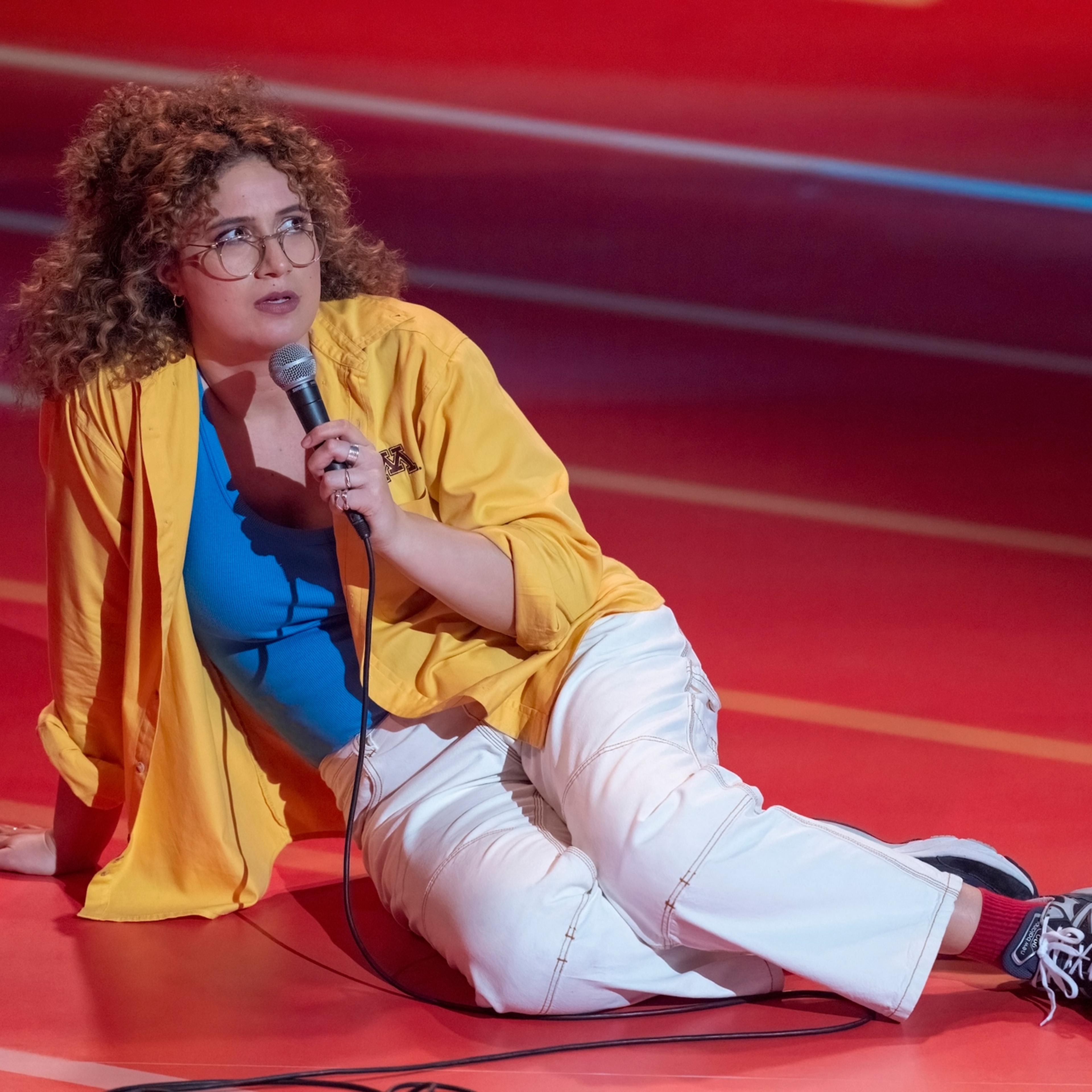 Rose Matafeo on stage at London's Britten Theatre performing a stand-up gig for her TV special, On And On And On.