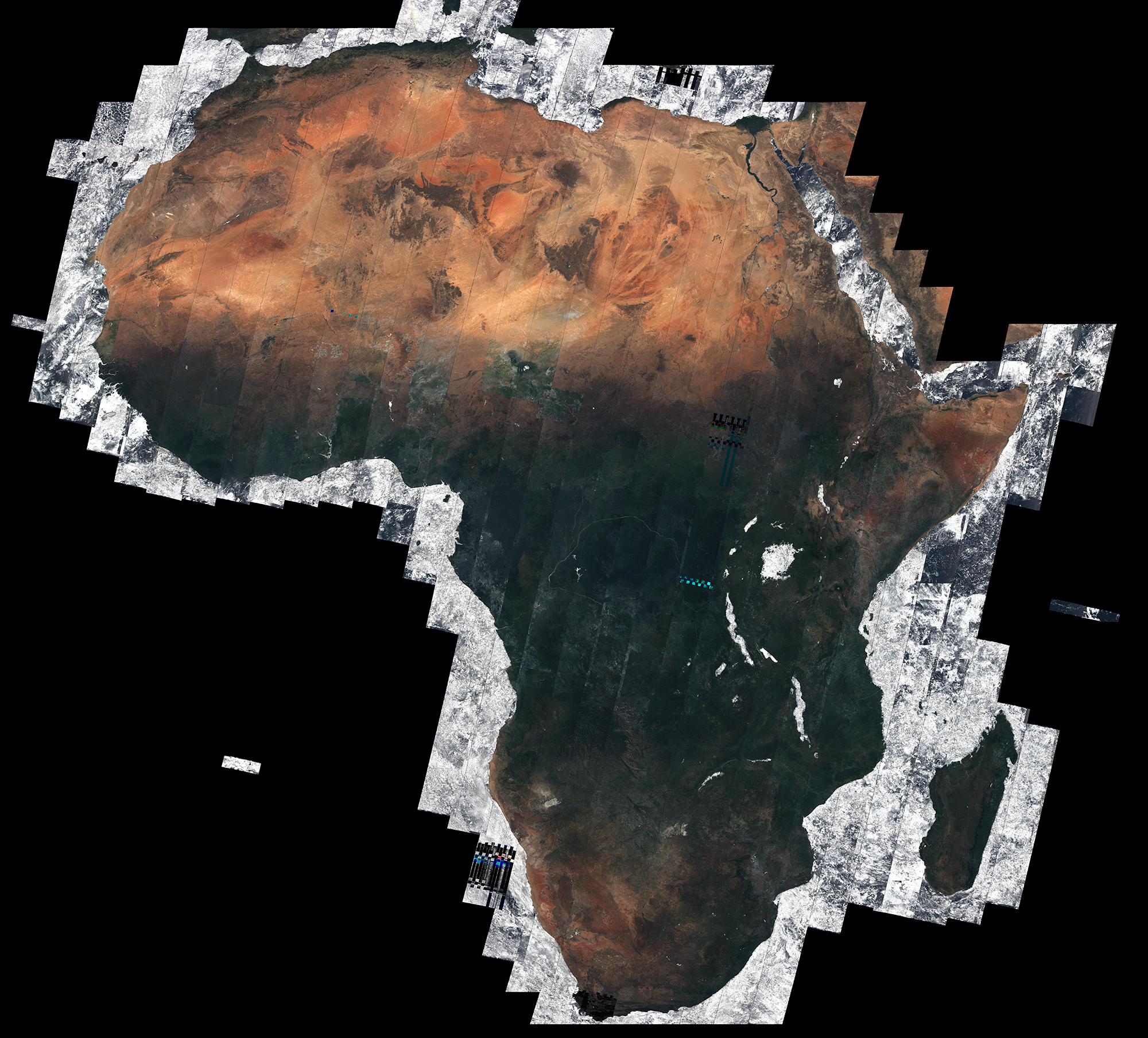 Using almost 7000 images captured by the Sentinel-2A satellite, this mosaic offers a cloud-free view of the African continent – about 20% of the total land area in the world. The majority of these separate images were taken between December 2015 and April 2016, totaling 32 TB of data.
