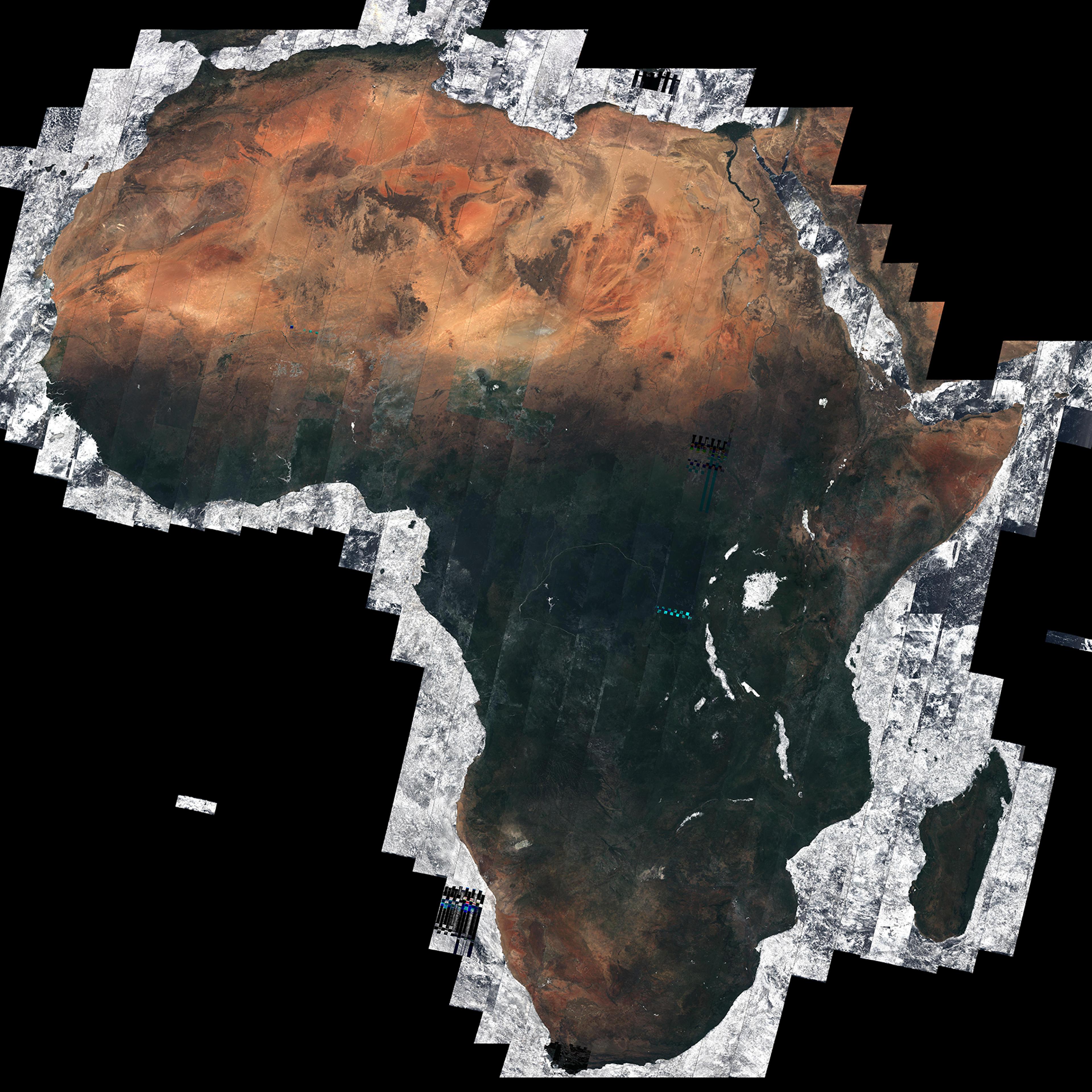 Using almost 7000 images captured by the Sentinel-2A satellite, this mosaic offers a cloud-free view of the African continent – about 20% of the total land area in the world. The majority of these separate images were taken between December 2015 and April 2016, totaling 32 TB of data.