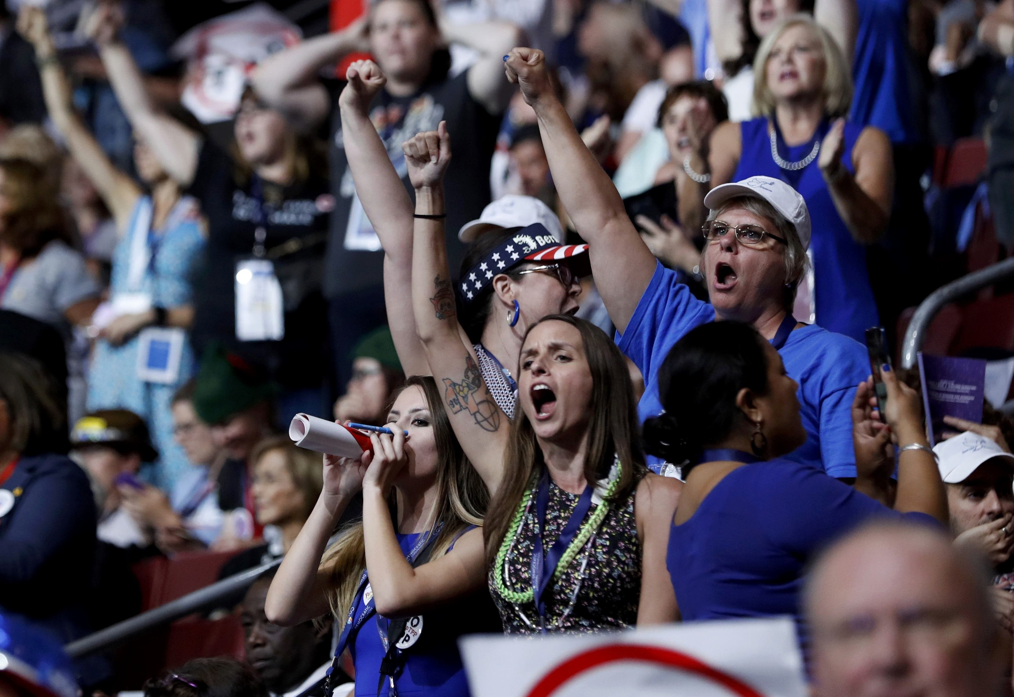 Supporters of Vermont Sen. Bernie Sanders chant his name as they protest on the floor during the first day of the Democratic National Convention in Philadelphia, on July 25, 2016.