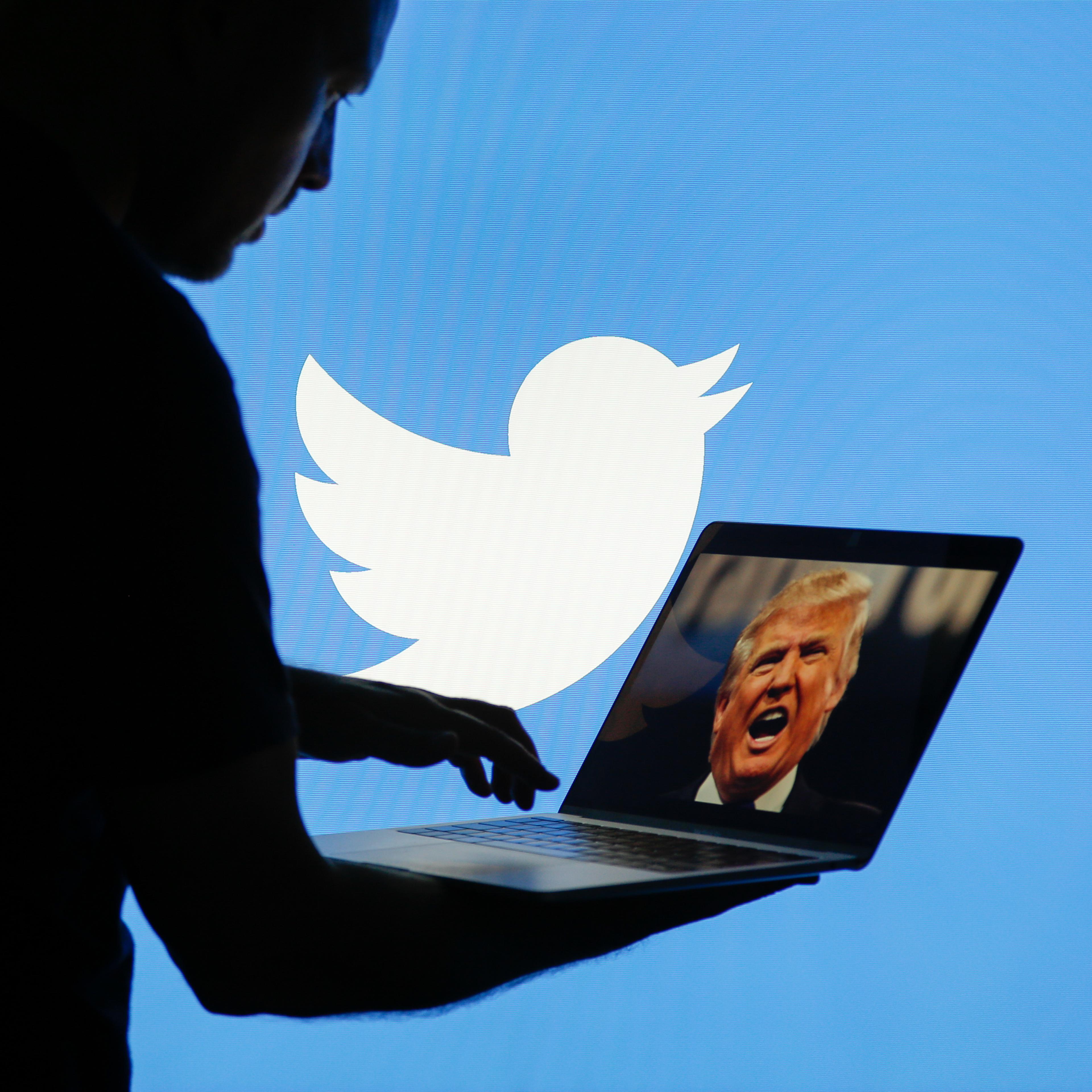 A man is seen with a laptop depicting an image of US president Donald Trump with a Twitter logo displayed in the background in this photo illustration on July 2, 2017