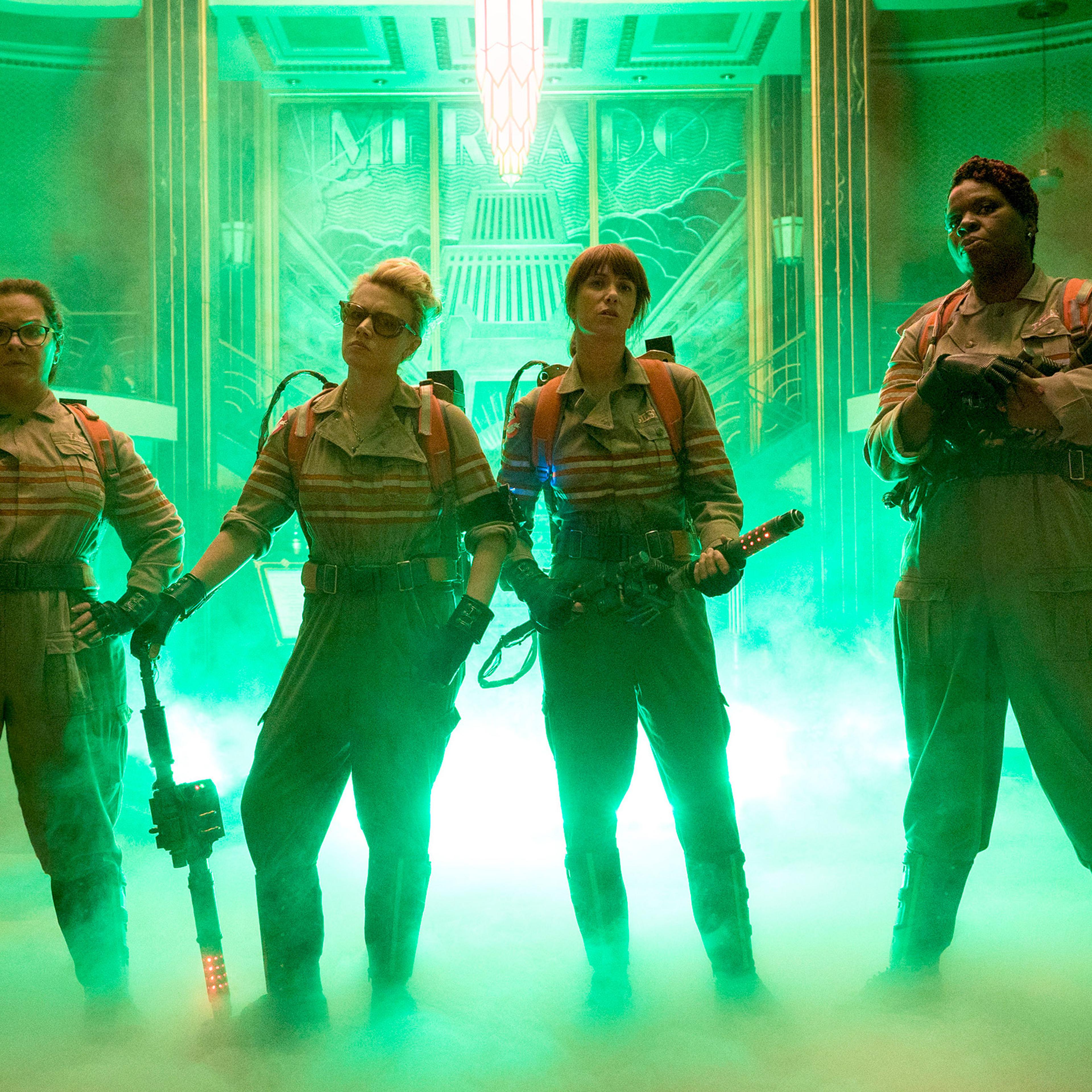 Abby (Melissa McCarthy), Holtzmann (Kate McKinnon), Erin (Kristen Wiig) and Patty (Leslie Jones) inside the Mercado Hotel Lobby in Columbia Pictures' GHOSTBUSTERS.