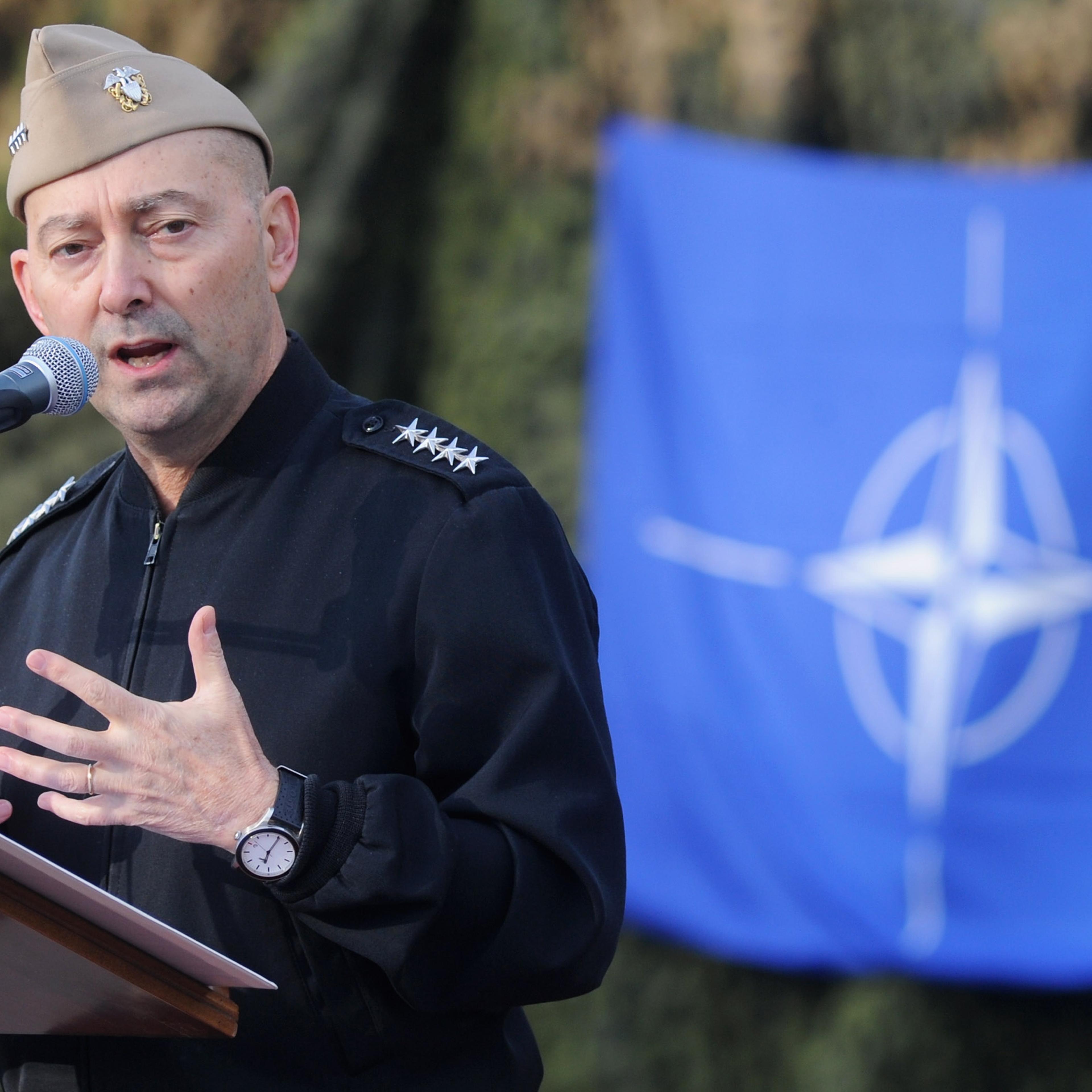 Supreme Allied Commander Europe (SACEUR) Admiral James Stavridis makes a speech at the departure ceremony for OTAN Rapid Deployable Corps - Italy bound for Afghanistan at Ugo Mara Barracks in Solbiate Olona, Italy, on Jan. 10, 2013.