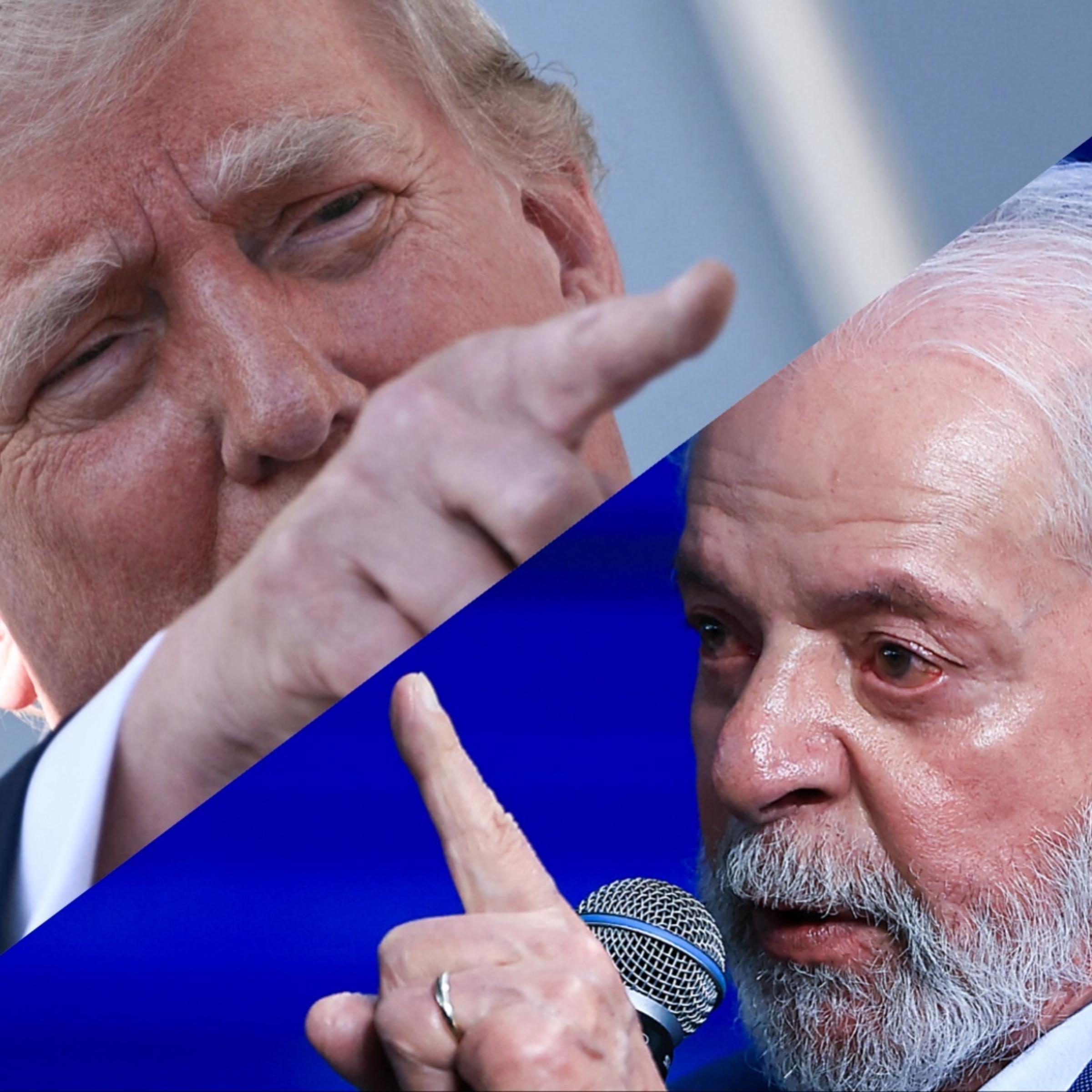 Upper left: U.S. resident Donald Trump at the White House on July 4, 2025. Lower right: Brazil President Luis Inácio Lula da Silva in Rio de Janeiro, Brazil on April 2, 2024.