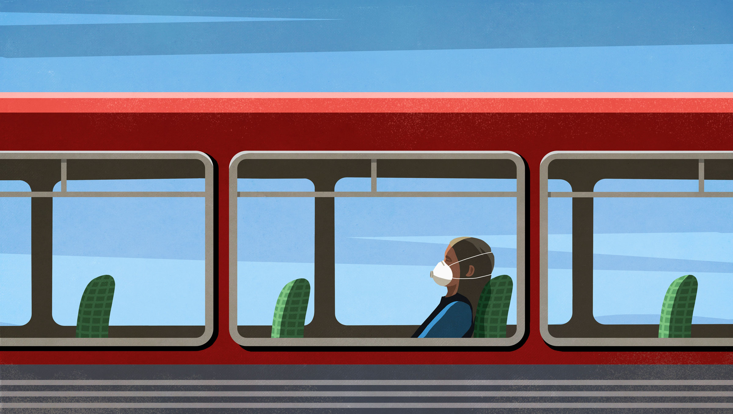 Woman in flu mask riding empty bus