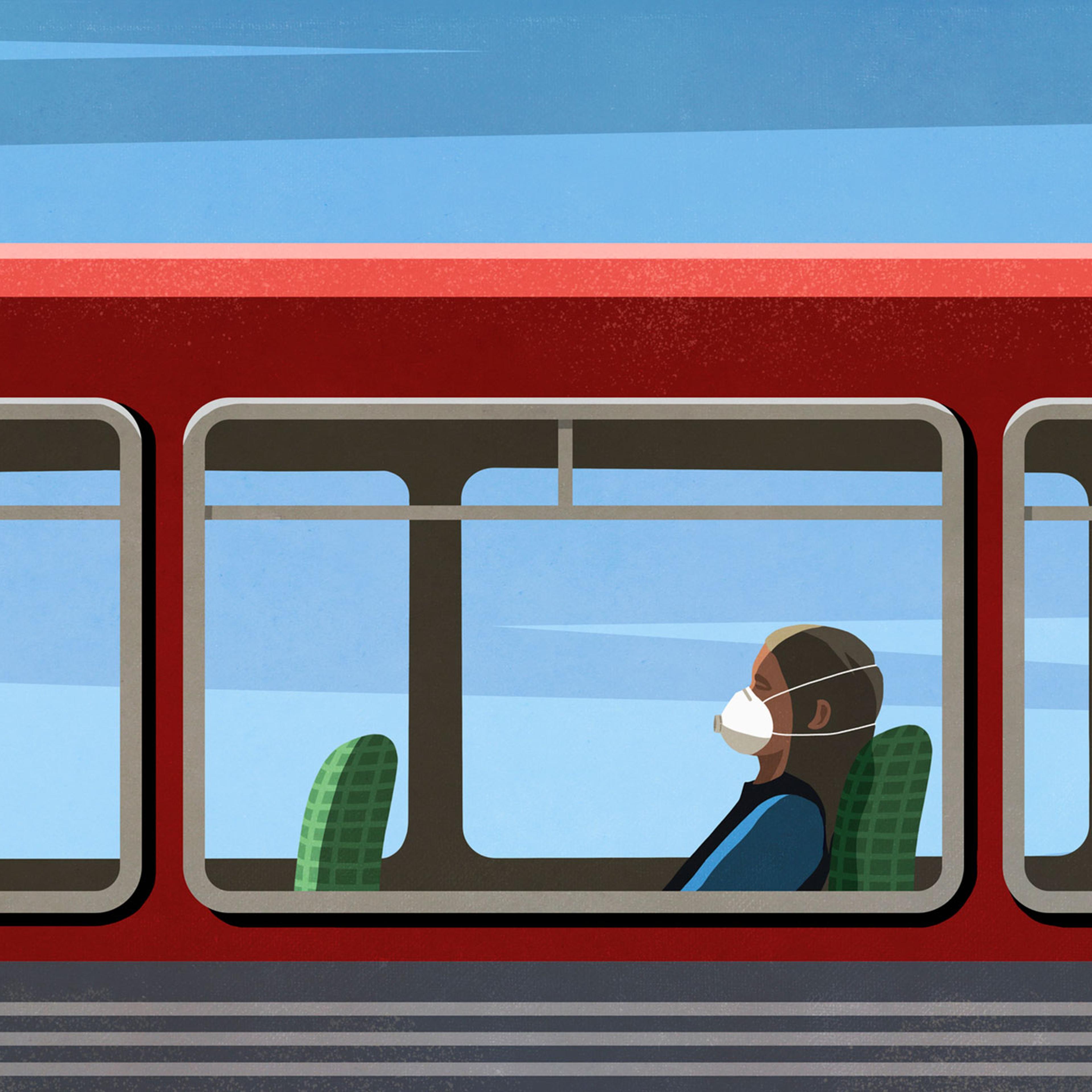 Woman in flu mask riding empty bus