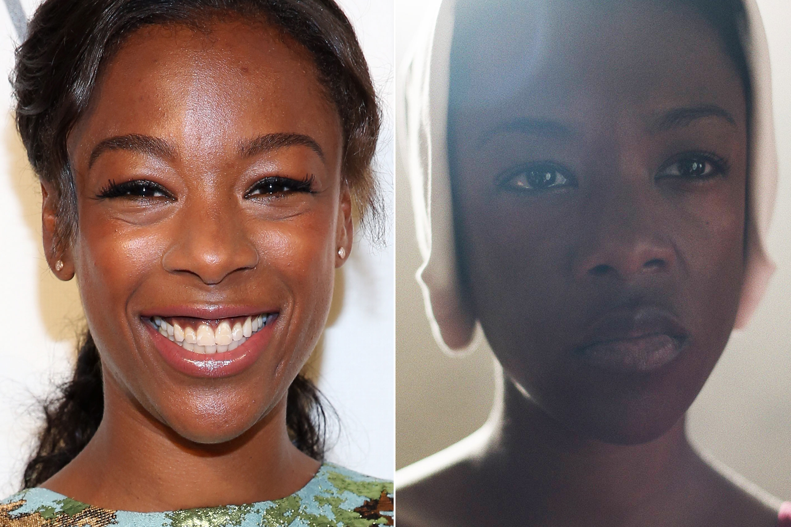 Samira Wiley in New York City, on April 21, 2017 (L); Samira Wiley in The Handmaid's Tale