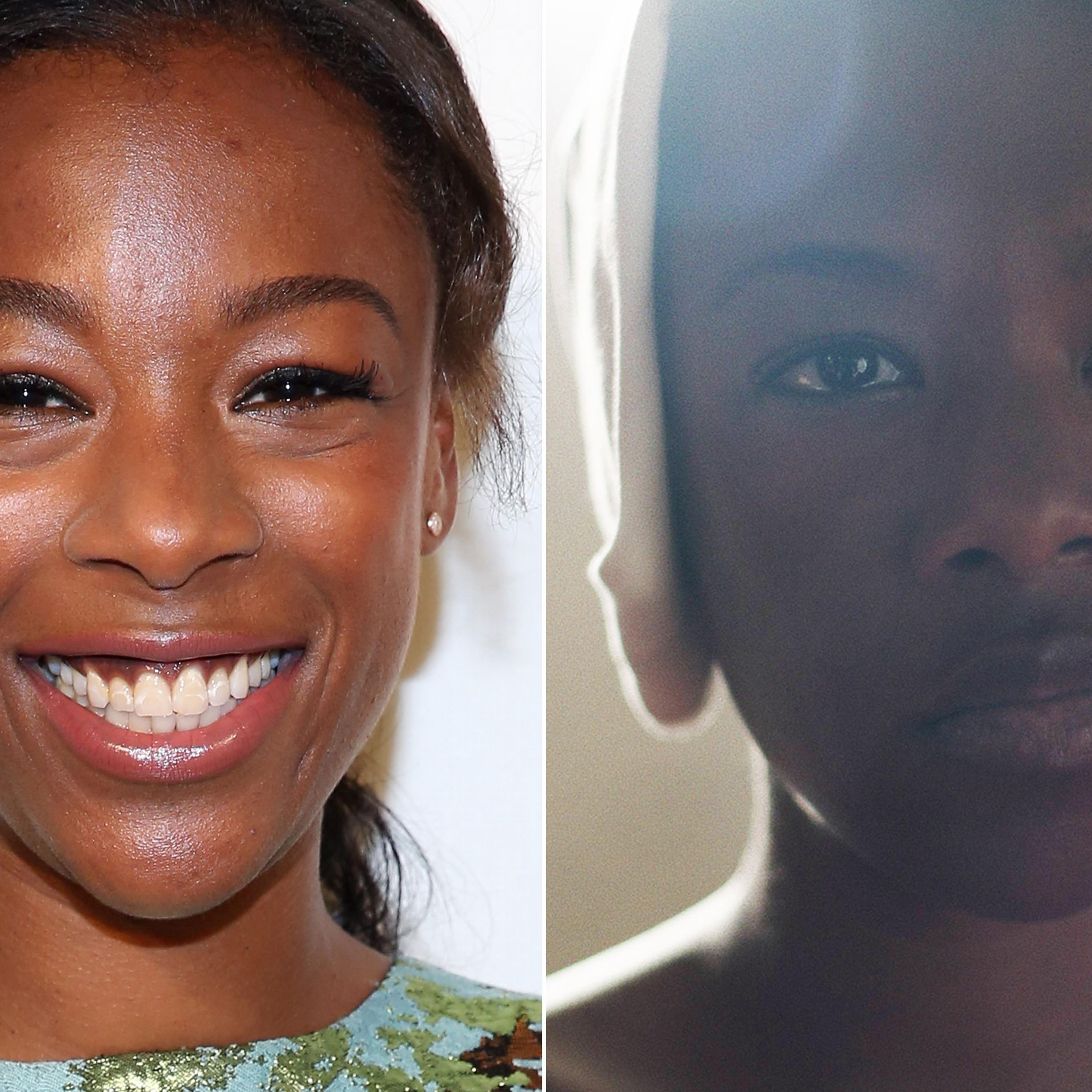 Samira Wiley in New York City, on April 21, 2017 (L); Samira Wiley in The Handmaid's Tale