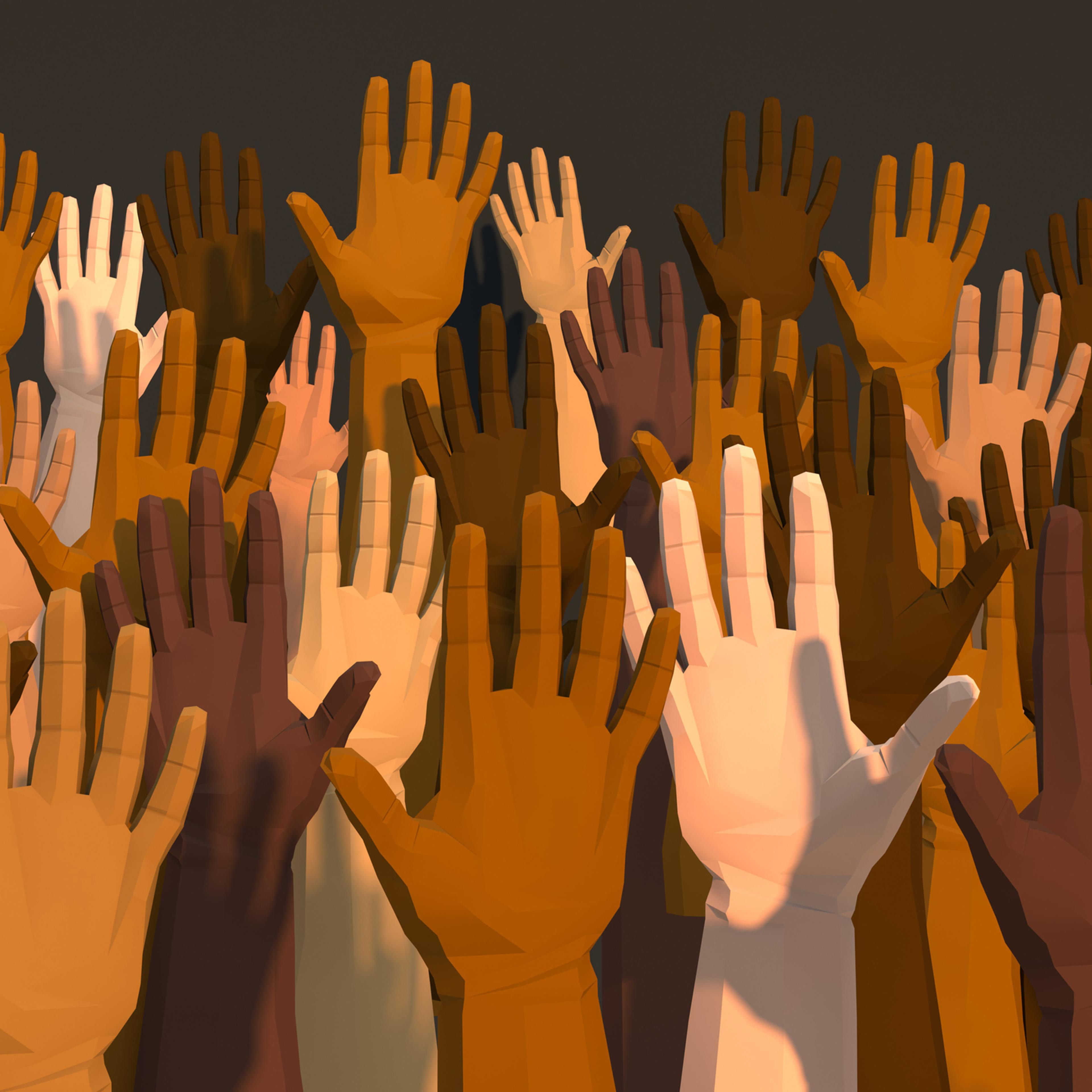 Digital generated image of multi-ethnic arms raised in the air on dark gray background.