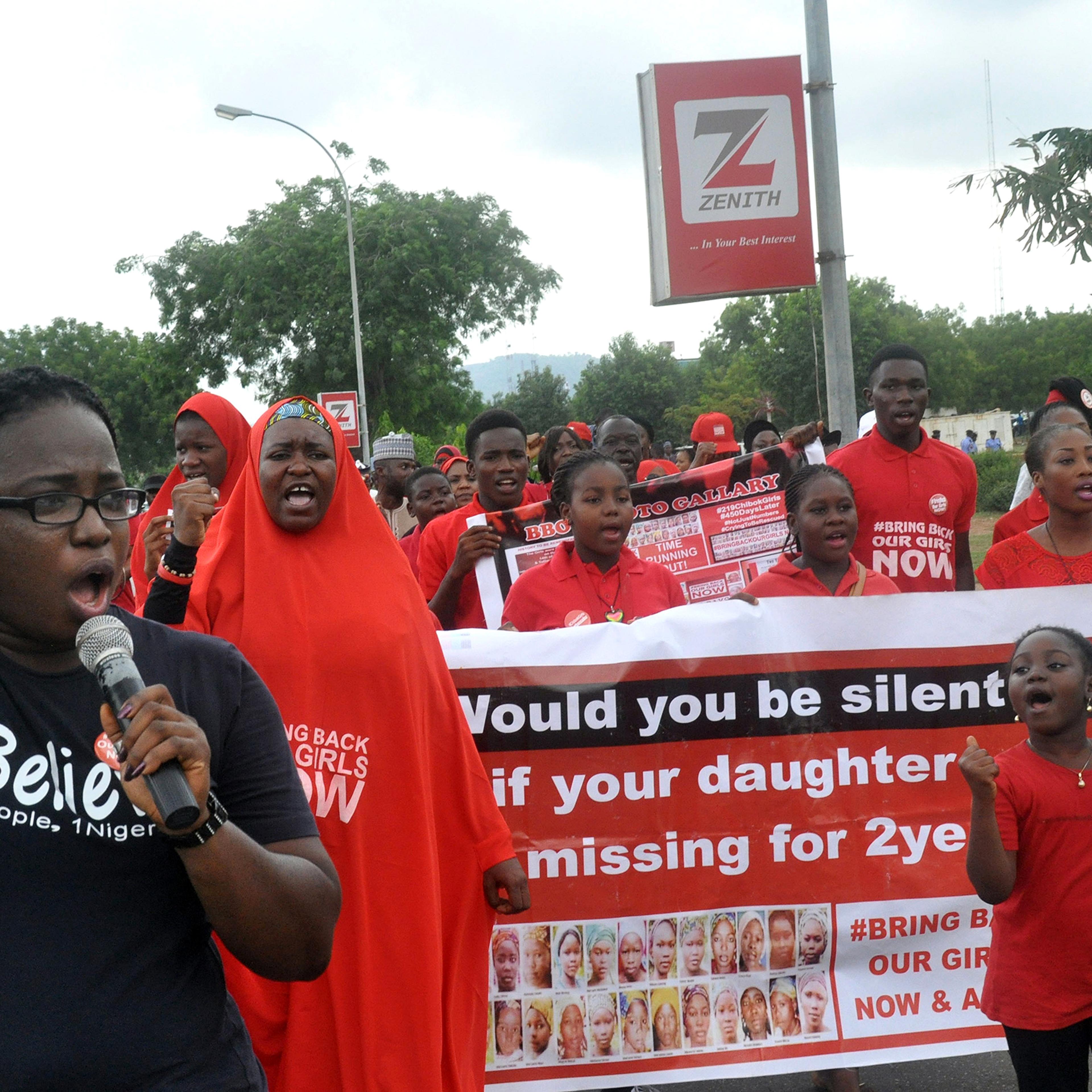 People march during a protest calling on the government to rescue the kidnapped girls of the government secondary school who were abducted two years ago, in Abuja, Nigeria on April 14, 2016.