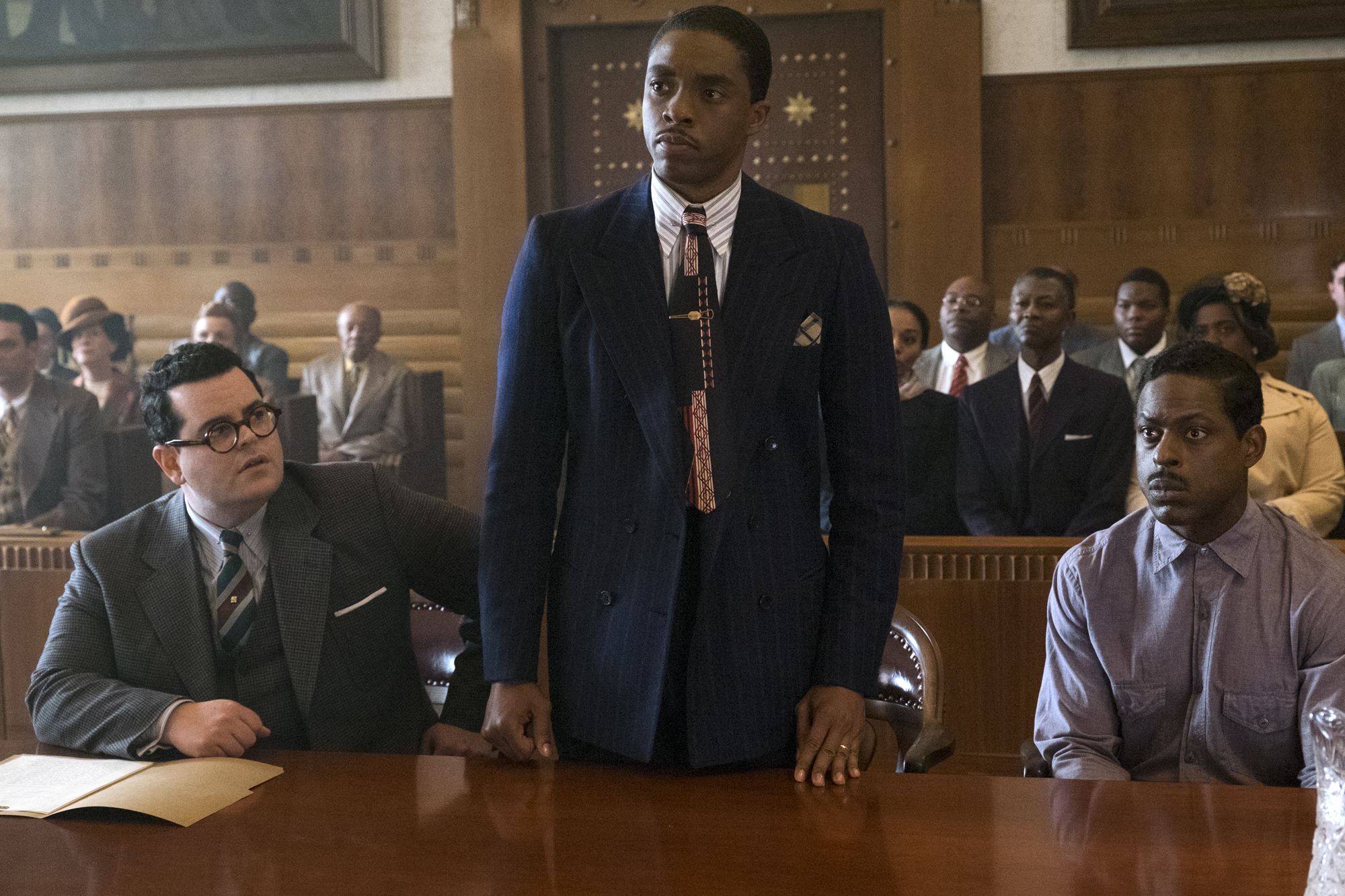 M_09752 Josh Gad, Chadwick Boseman and Sterling K. Brown in MARSHALL.Photo credit: Barry Wetcher / Distributor: Open Road Films