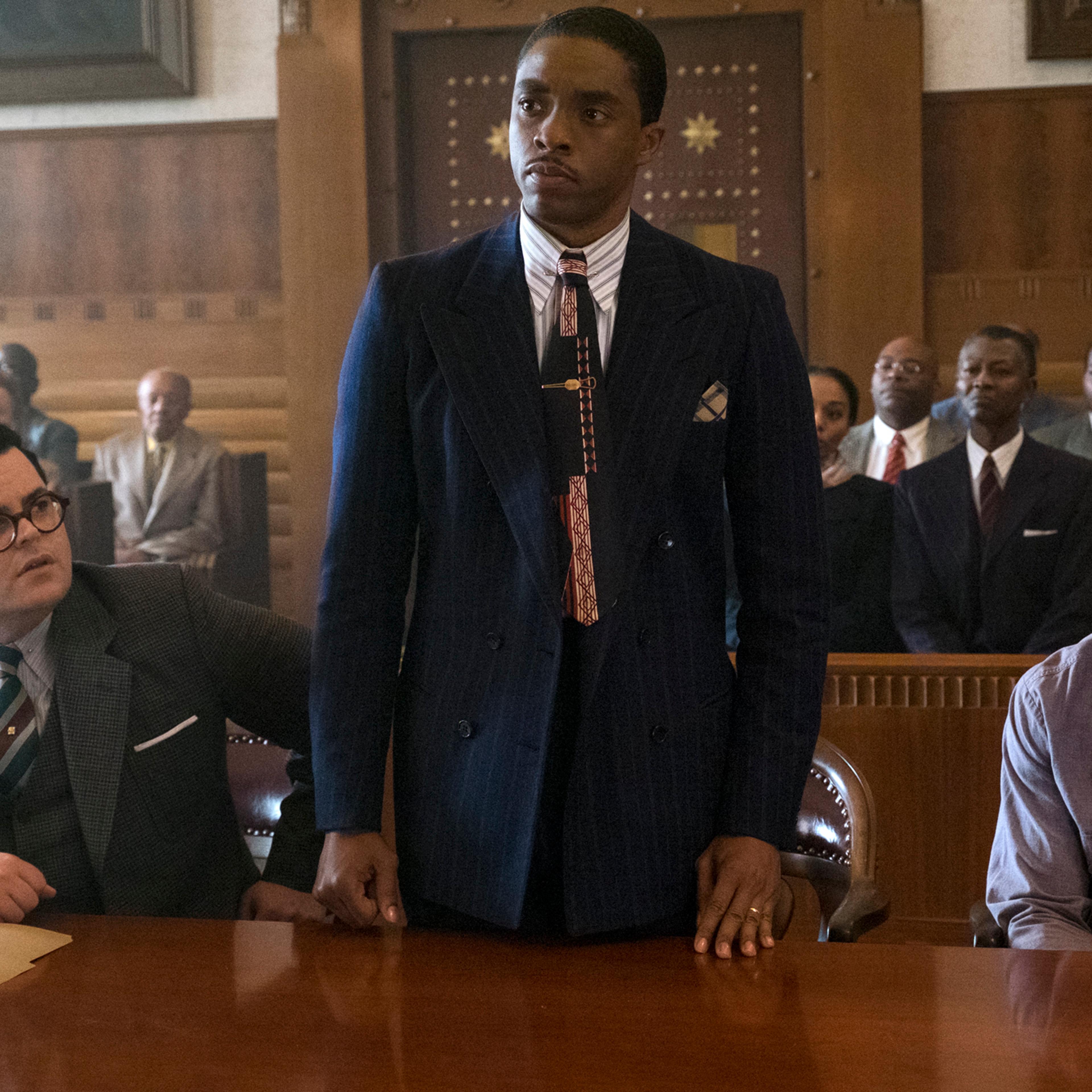 M_09752 Josh Gad, Chadwick Boseman and Sterling K. Brown in MARSHALL.Photo credit: Barry Wetcher / Distributor: Open Road Films
