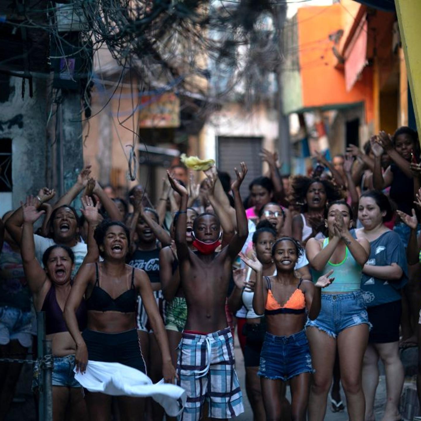 Residents protest after a police operation against alleged drug traffickers at the Jacarezinho favela in Rio de Janeiro, Brazil, on May 6, 2021.