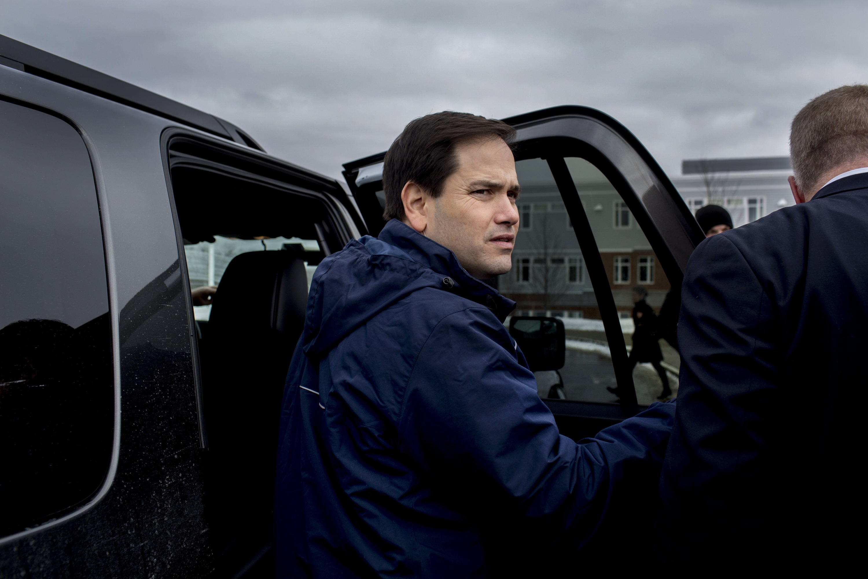 Presidential Candidate Marco Rubio made  a stop outside the polling place as New Hampshire residents voted at a polling station located at Windham Highschool on Feb. 9, 2016, in Windham N.H.