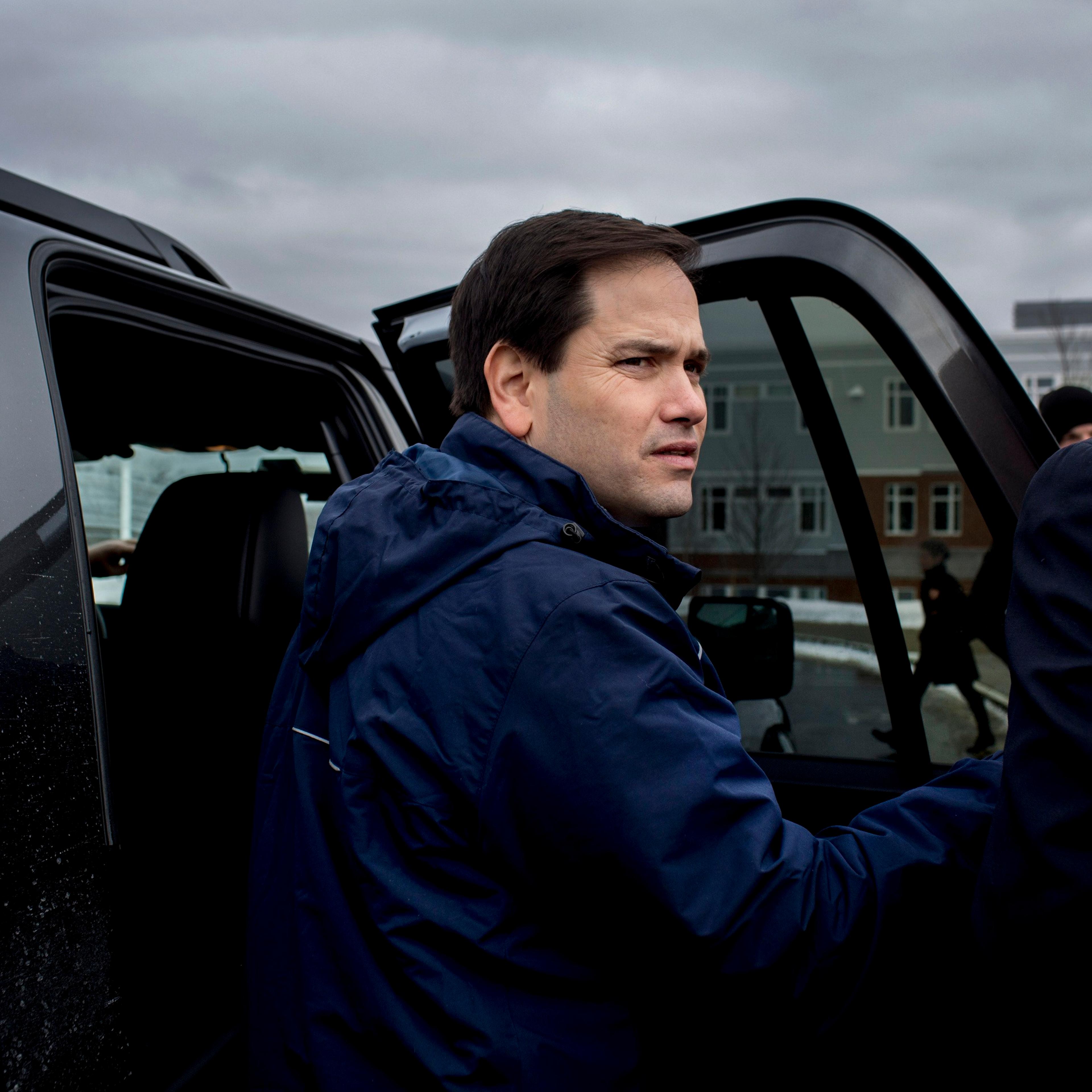 Presidential Candidate Marco Rubio made a stop outside the polling place as New Hampshire residents voted at a polling station located at Windham Highschool on Feb. 9, 2016, in Windham N.H.