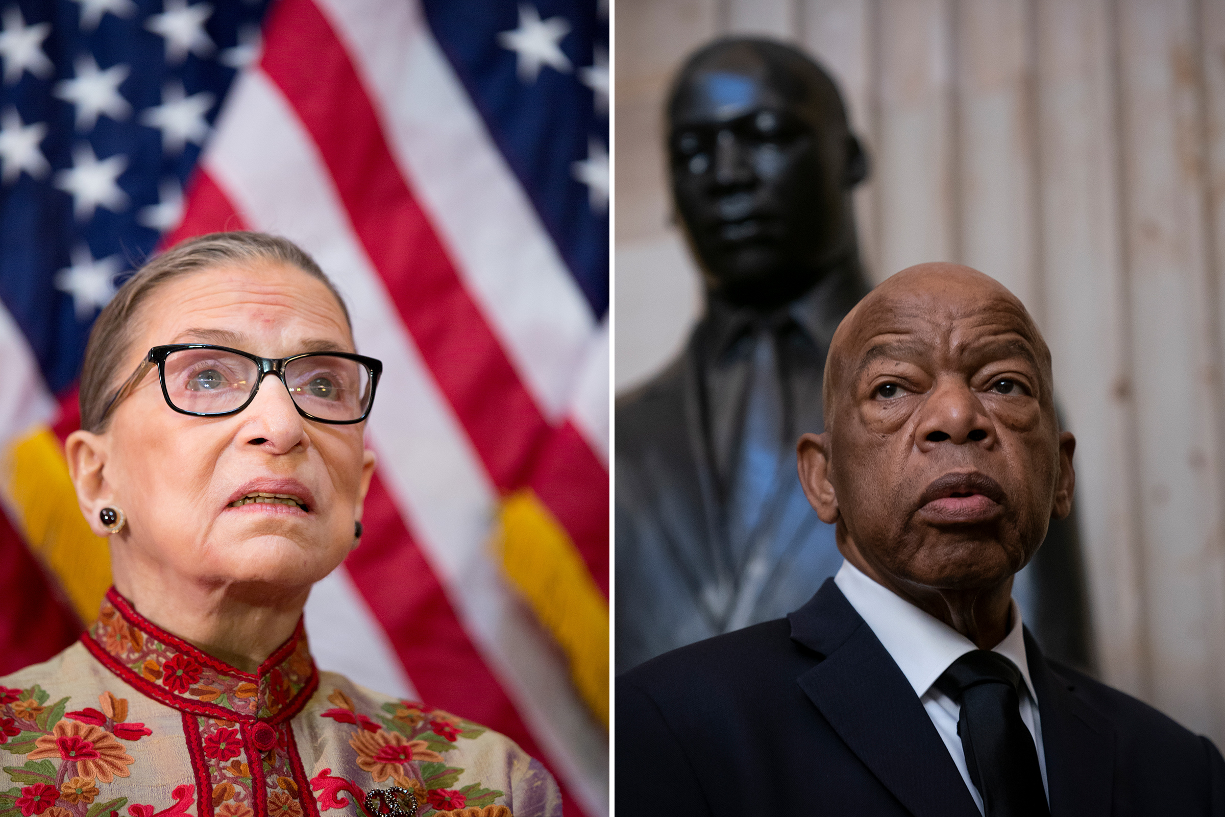 Left: U.S. Supreme Court Justice Ruth Bader Ginsburg participates in a Women's History Month reception in the U.S. capitol building in Washington, D.C. in March 2015. Right: Rep. John Lewis stands beneath a bust of Rev. Martin Luther King Jr. as members of the Congressional Black Caucus gather for the memorial ceremony for the late Maryland Rep. Elijah Cummings on Oct. 24, 2019. 